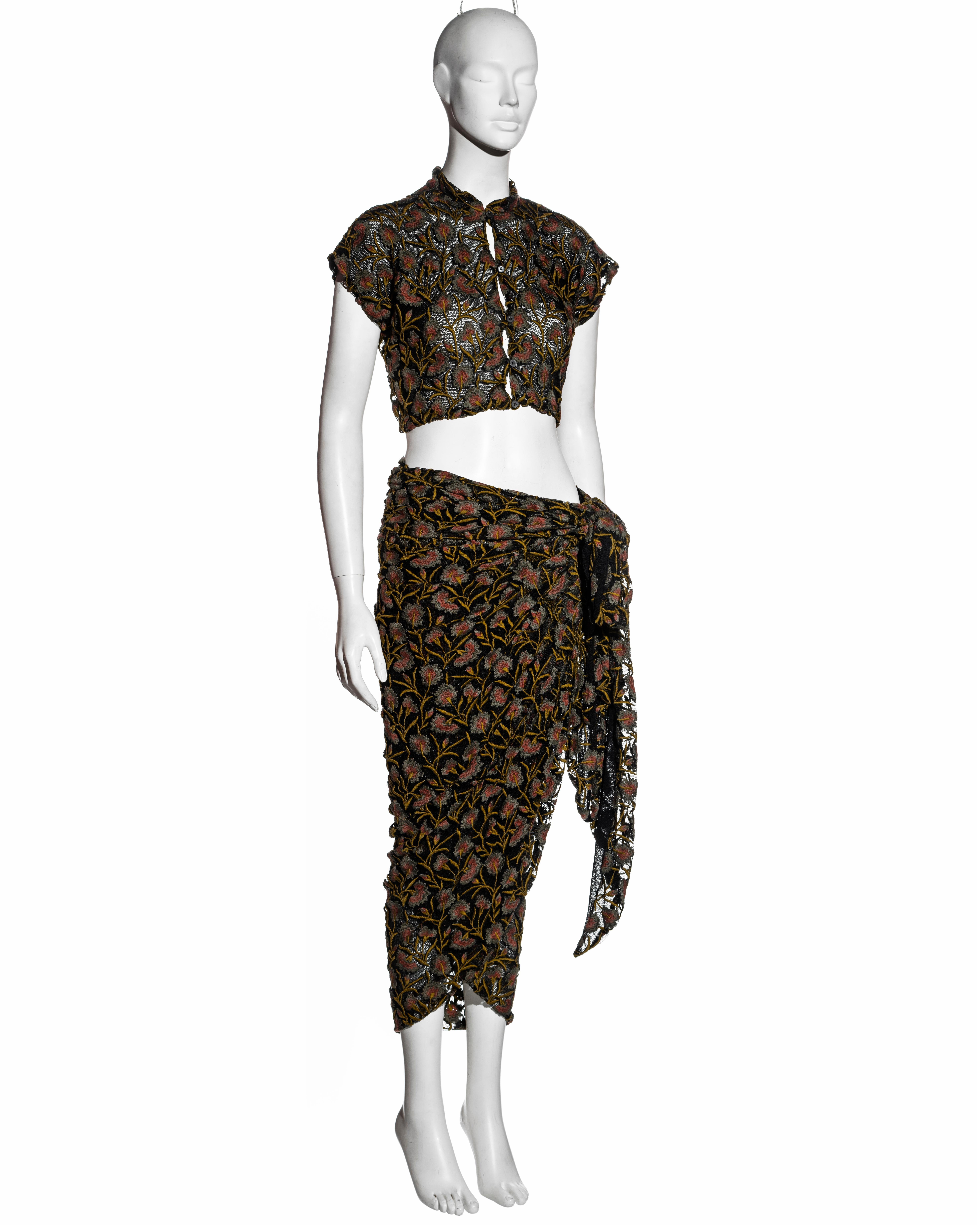 Black Callaghan by Romeo Gigli embroidered cotton mesh blouse and wrap skirt, ss 1990 For Sale