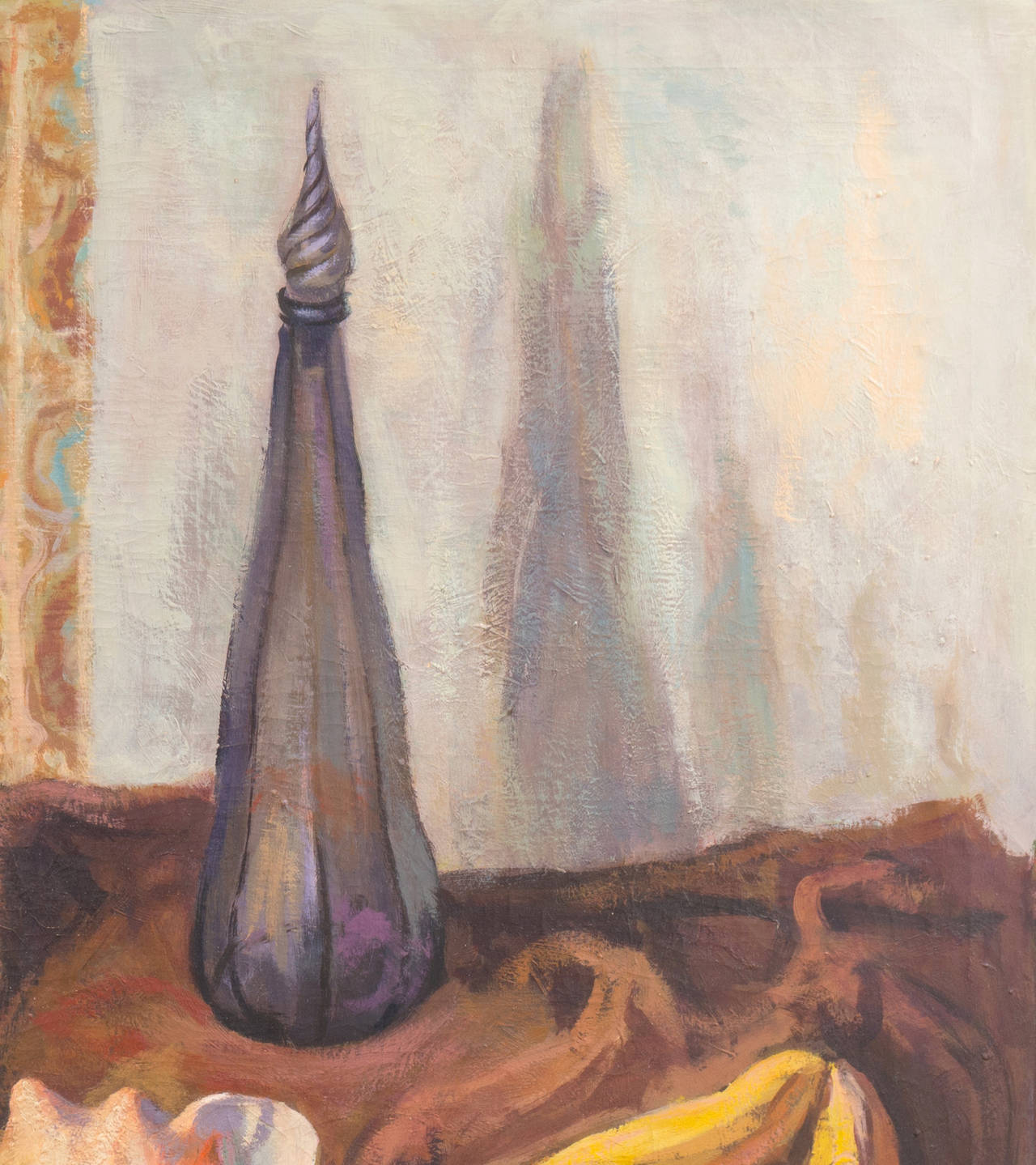 A substantial, Post-Impressionist oil still-life showing a view of various objects including fruit, a glass bottle and a sea-shell assembled on a draped table-top. A dynamic and vibrant work with an elegant palette and subtle textural variation.