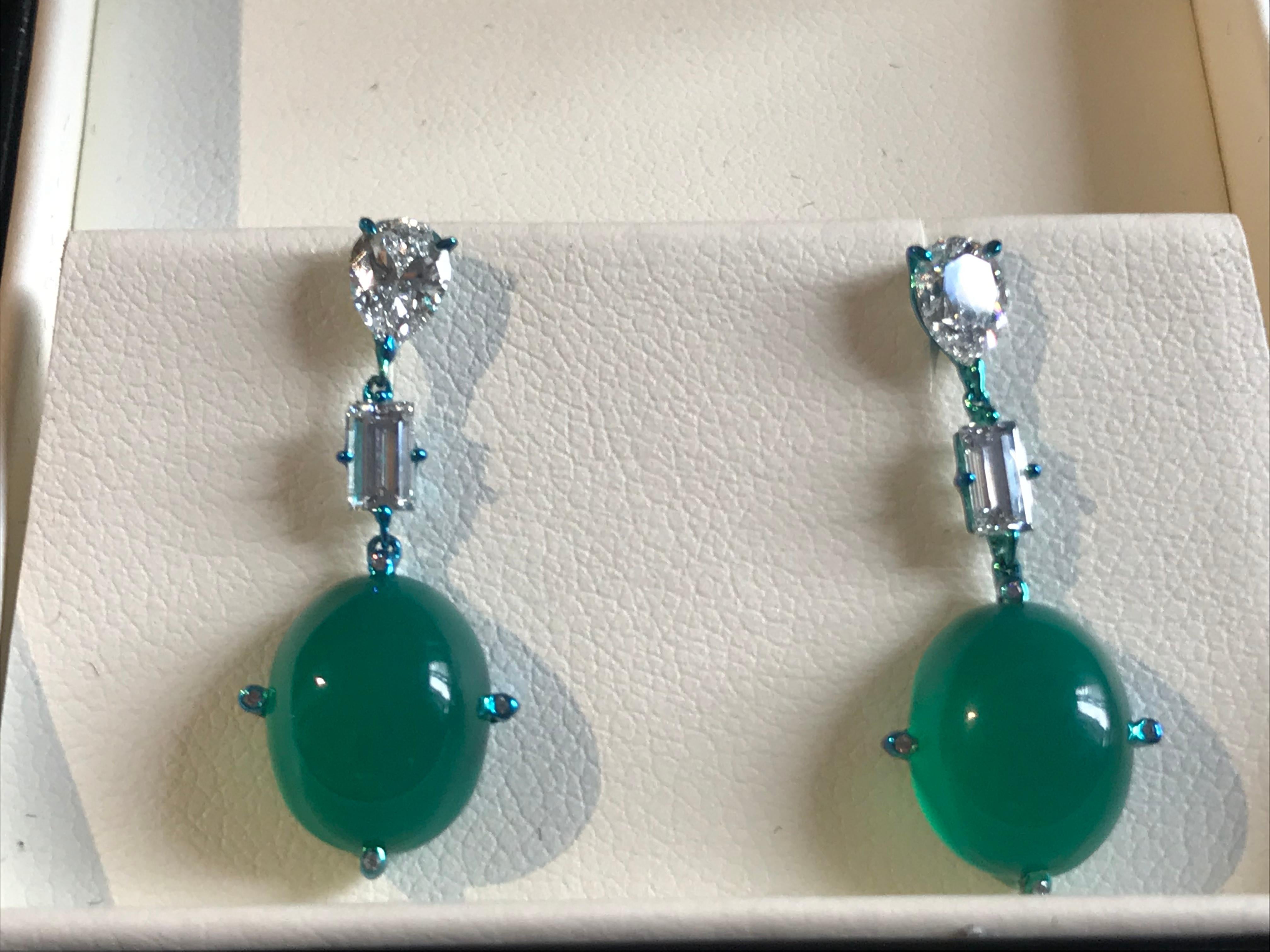 Art Deco “Callas” Titanium, Diamonds and Green Agate Earrings For Sale