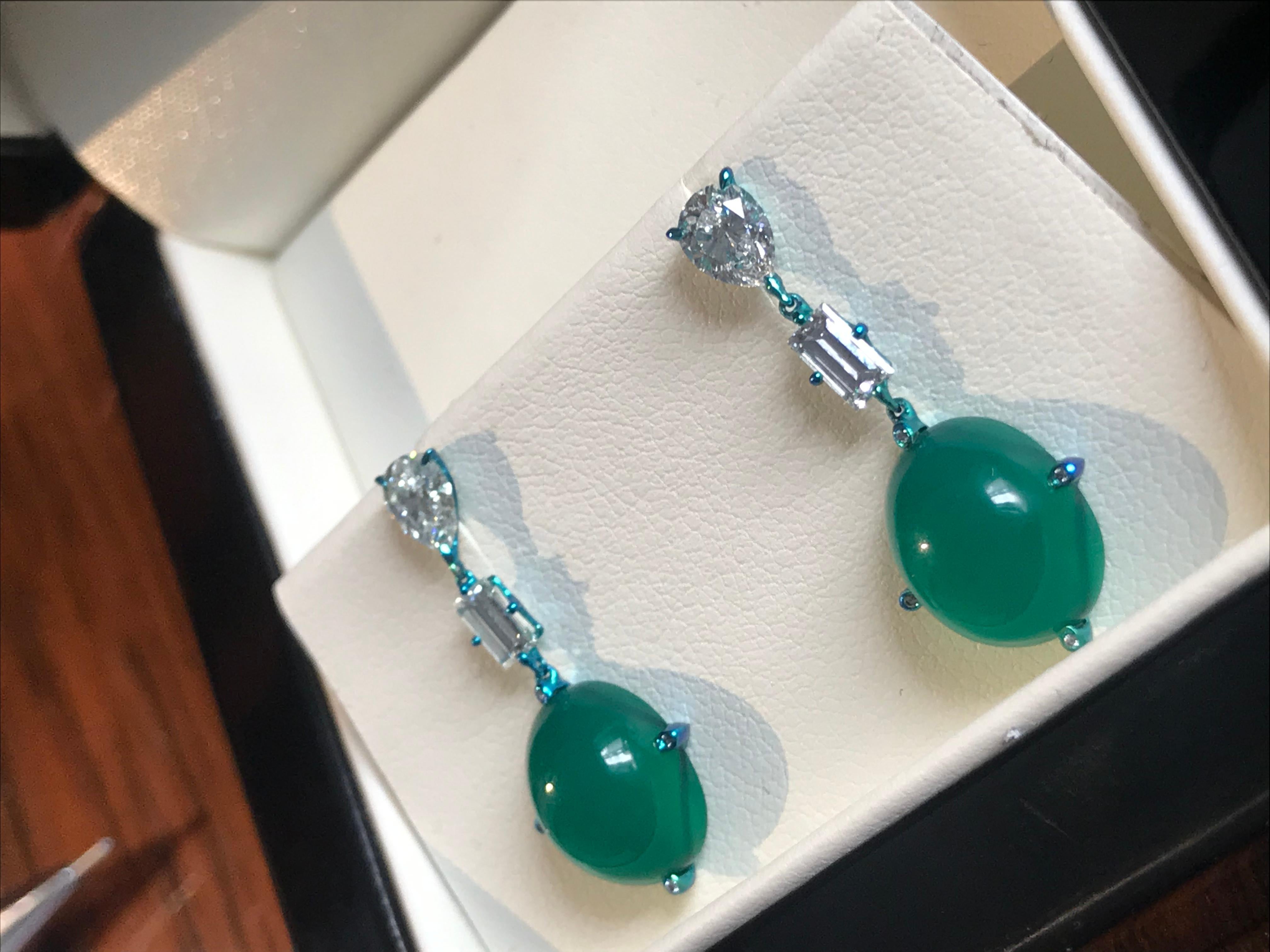 Pear Cut “Callas” Titanium, Diamonds and Green Agate Earrings For Sale