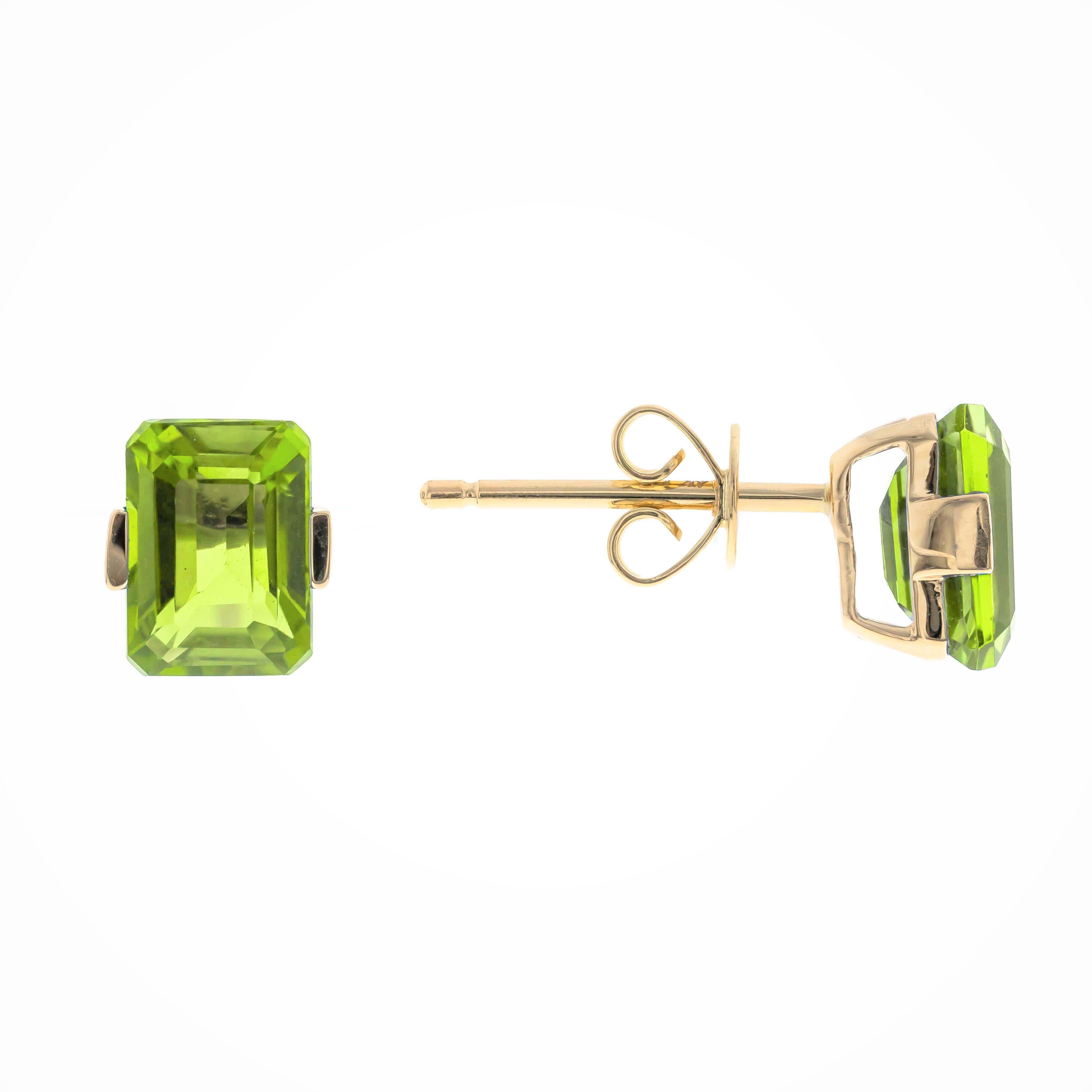 Emerald Cut Callie 10K Yellow Gold Emerald-Cut Peridot Earrings For Sale