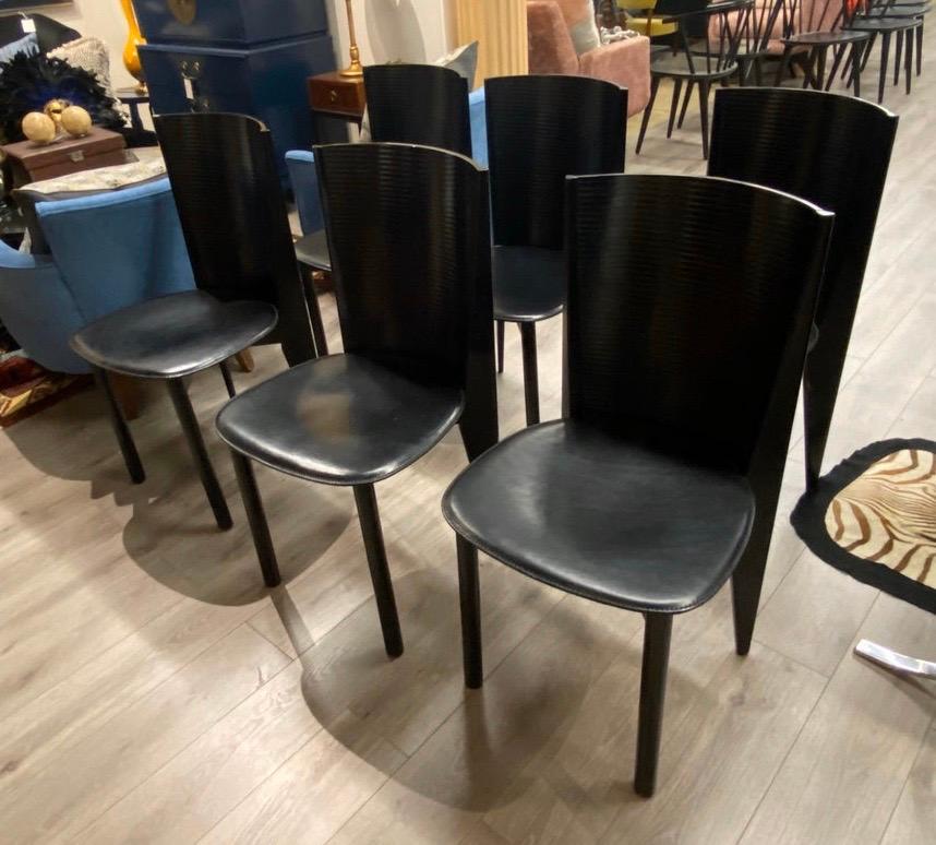 Textile Calligaris Made in Italy Set of Six Black Dining Chairs