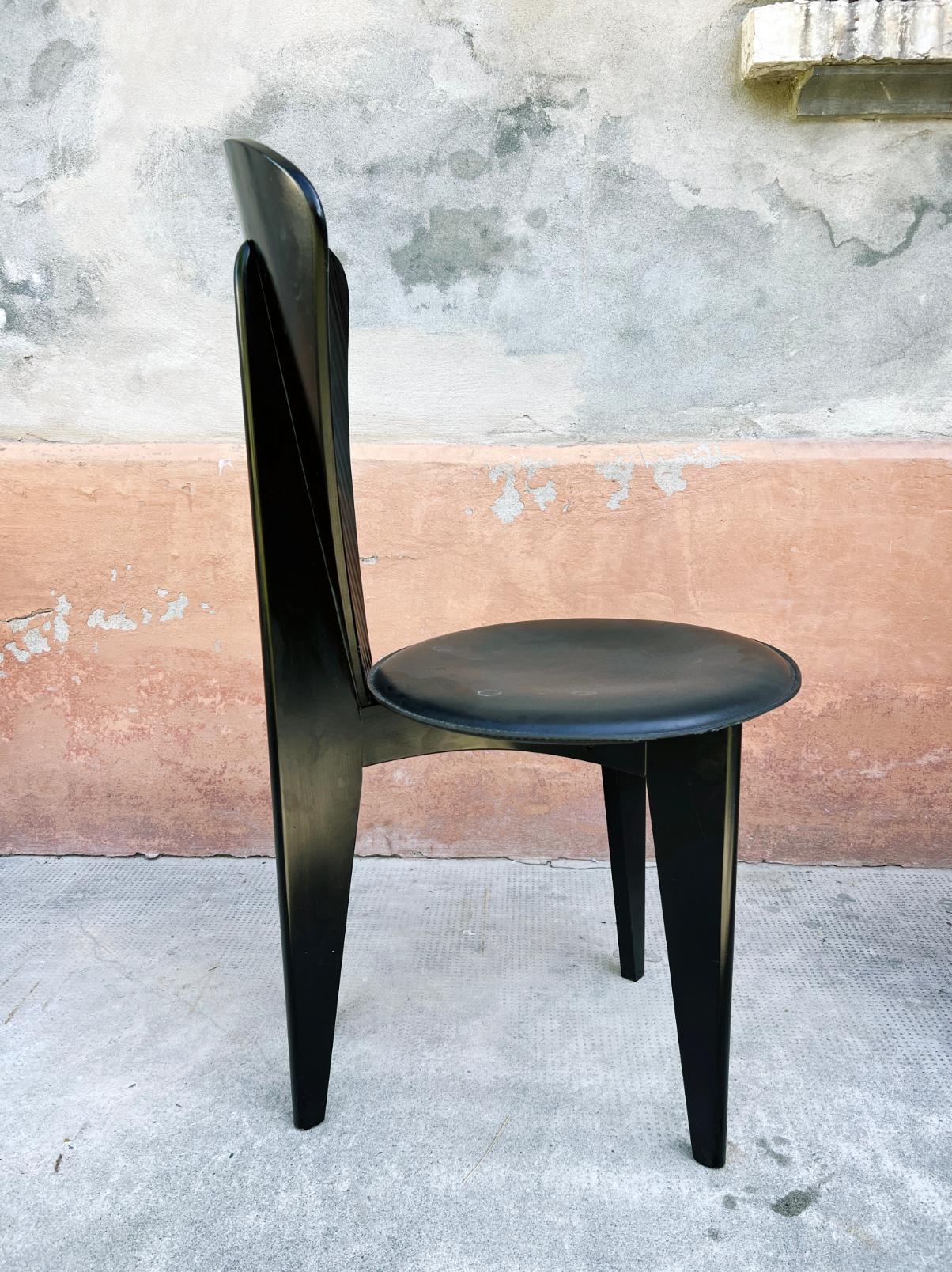 Post-Modern Calligaris Postmodern Italian Dining Chair - Wood + Black Leather Set of 4 For Sale