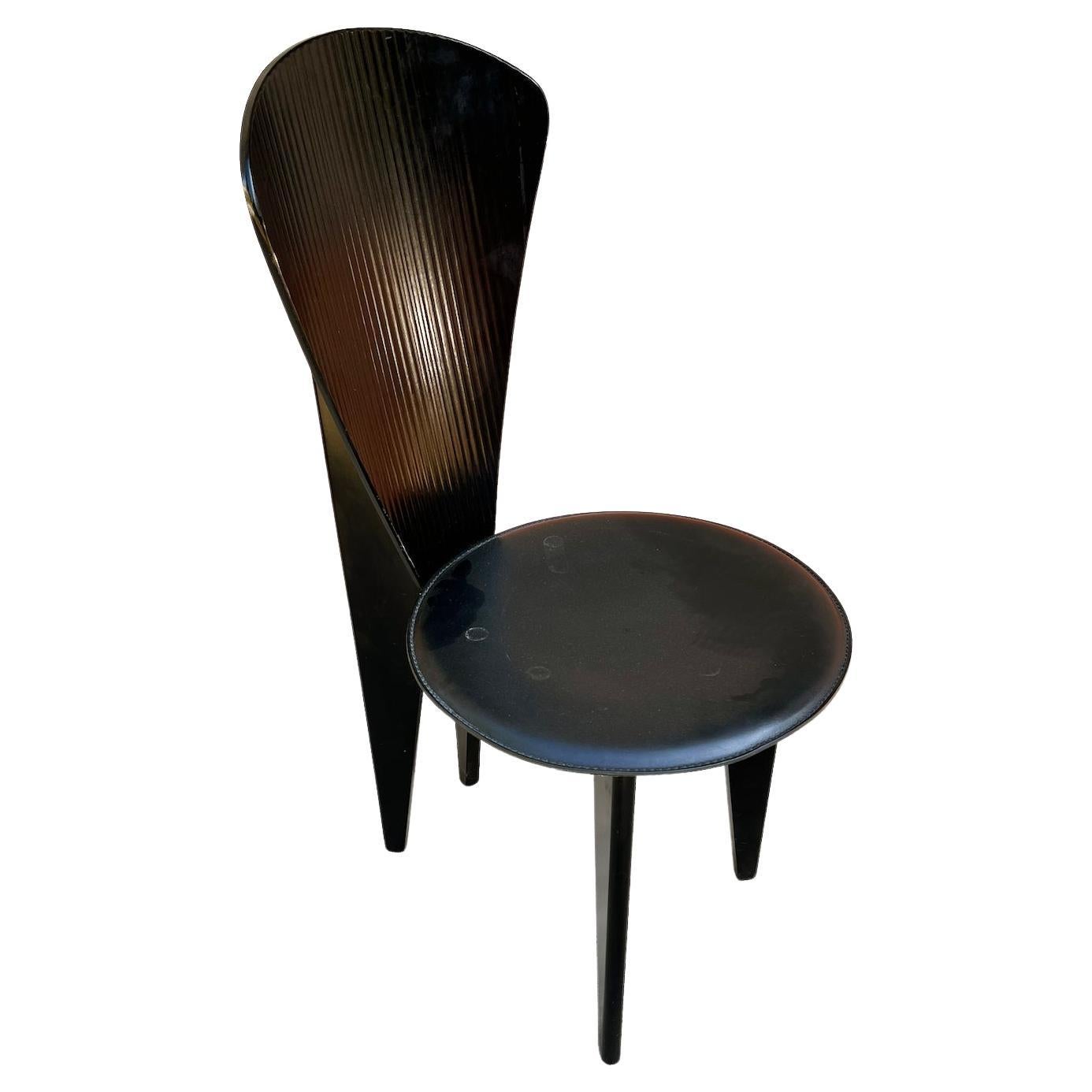 Calligaris Postmodern Italian Dining Chair - Wood + Black Leather Set of 4