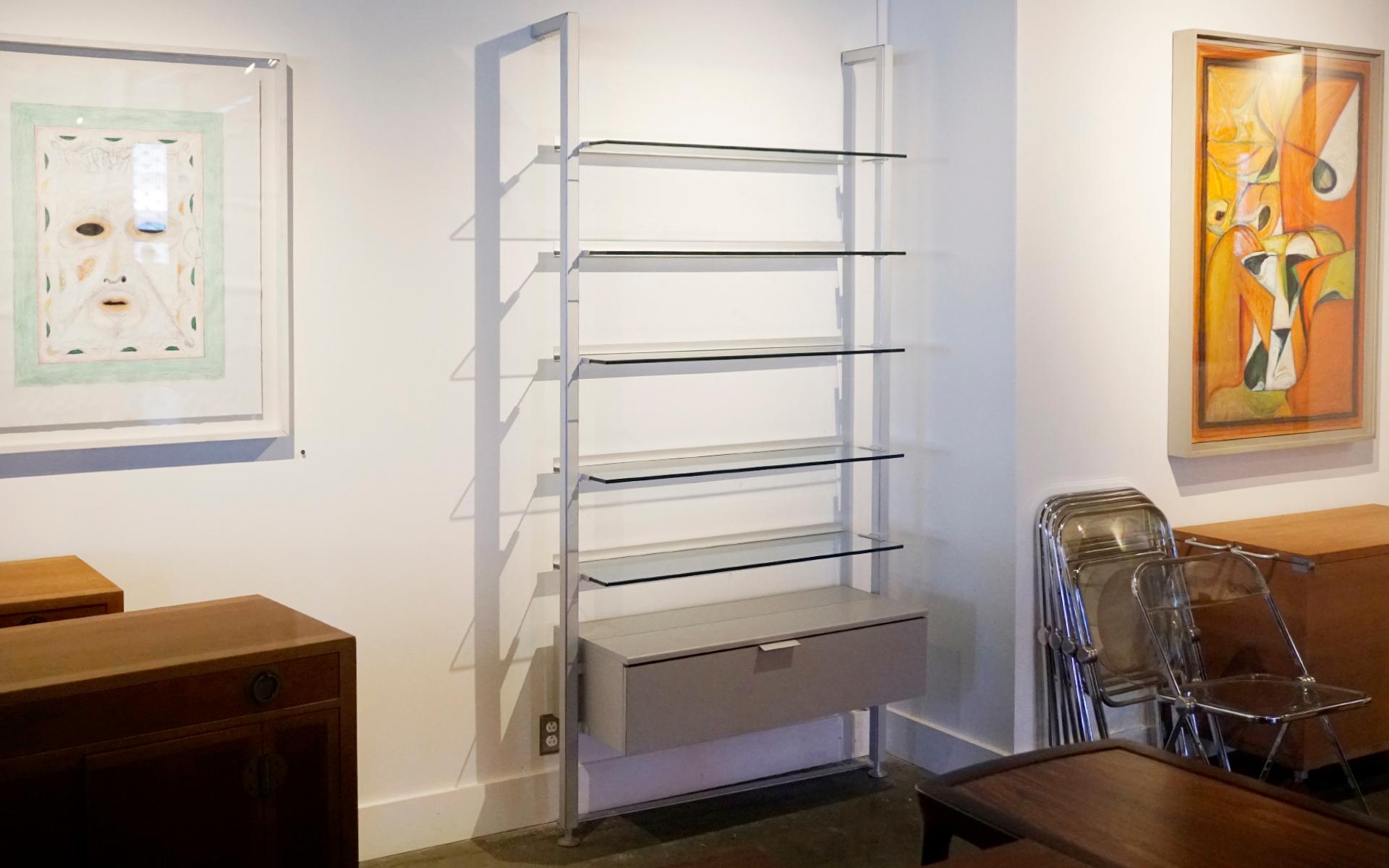 Mid-Century Modern Calligaris Wall Unit. Glass Shelves, Aluminum Frame, Wood Drawer. Signed. For Sale