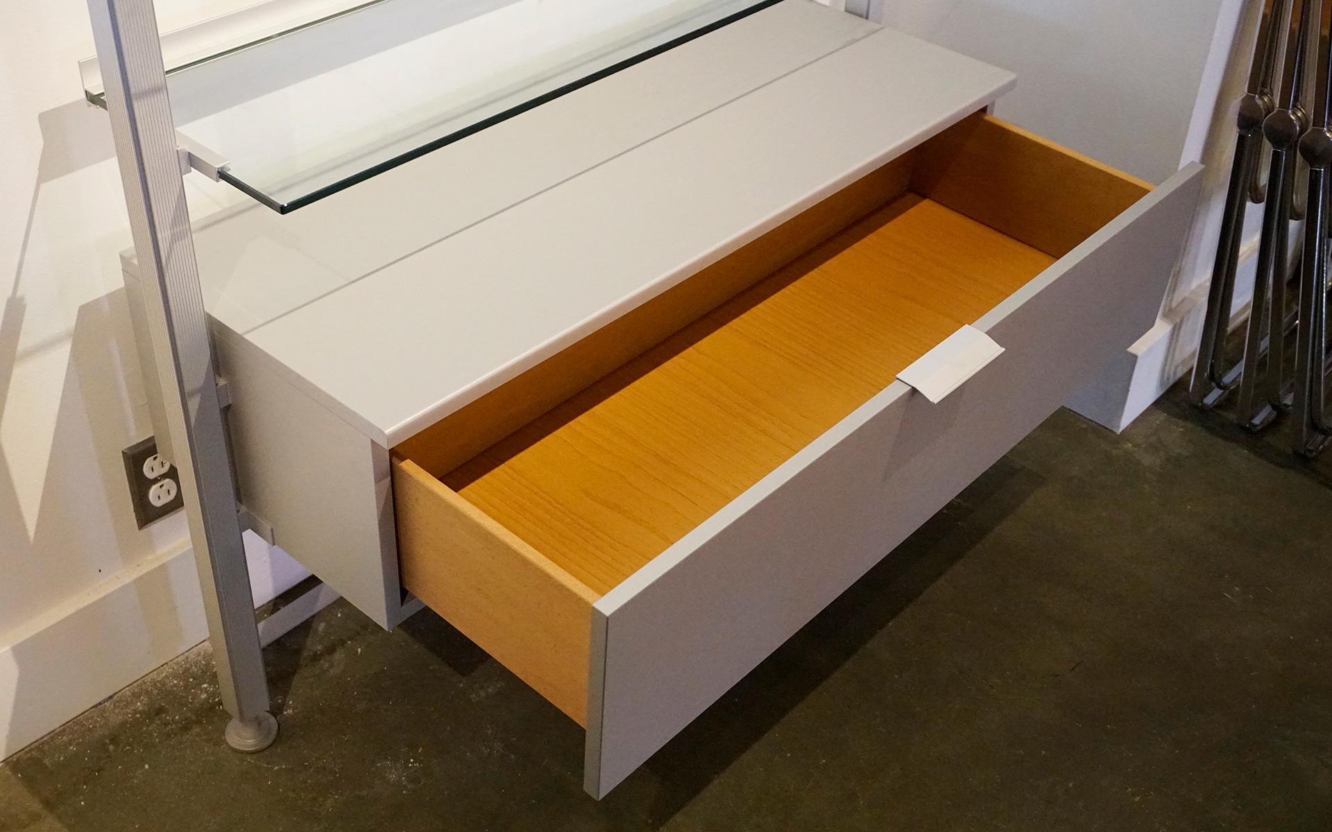 Calligaris Wall Unit. Glass Shelves, Aluminum Frame, Wood Drawer. Signed. For Sale 2