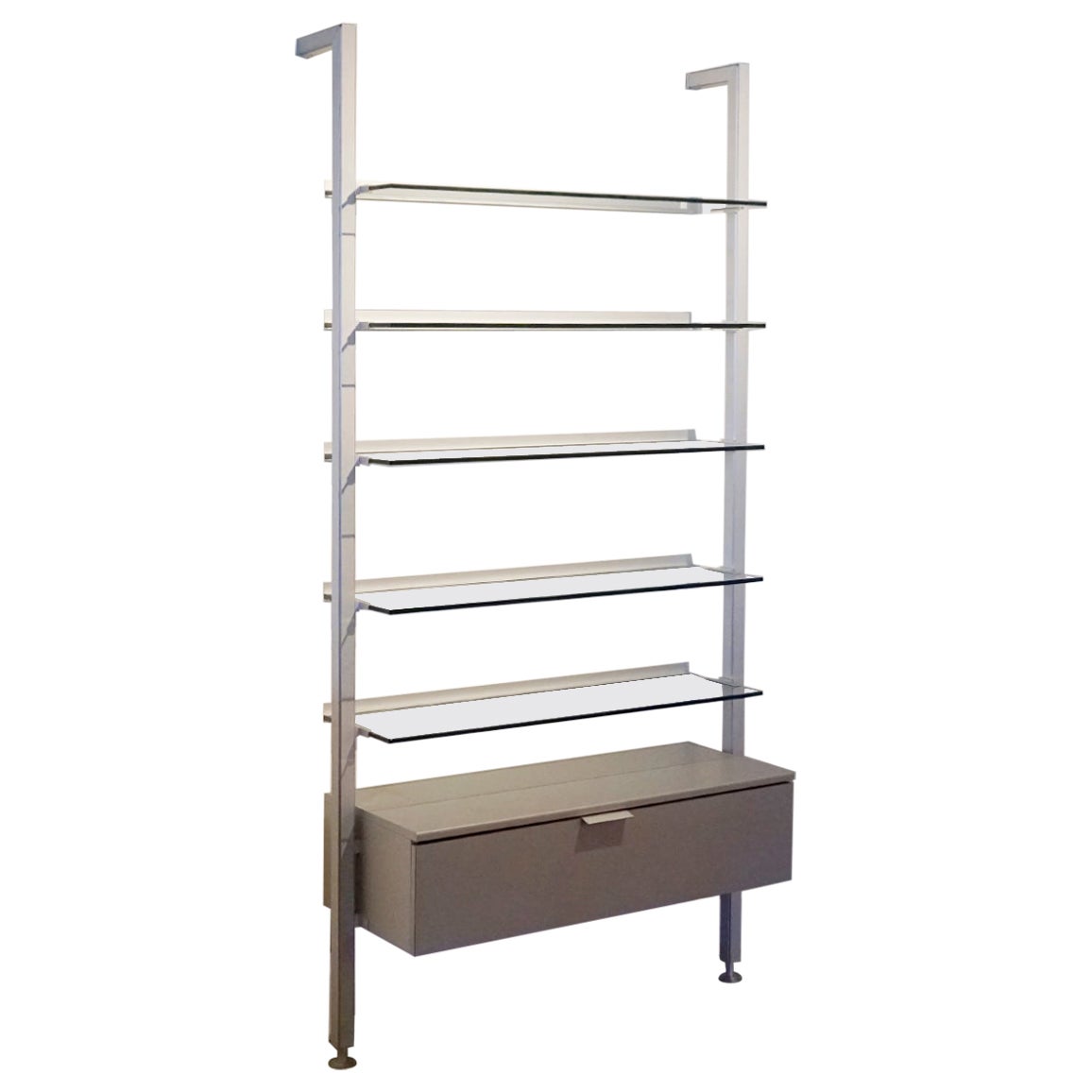 Calligaris Wall Unit. Glass Shelves, Aluminum Frame, Wood Drawer. Signed.