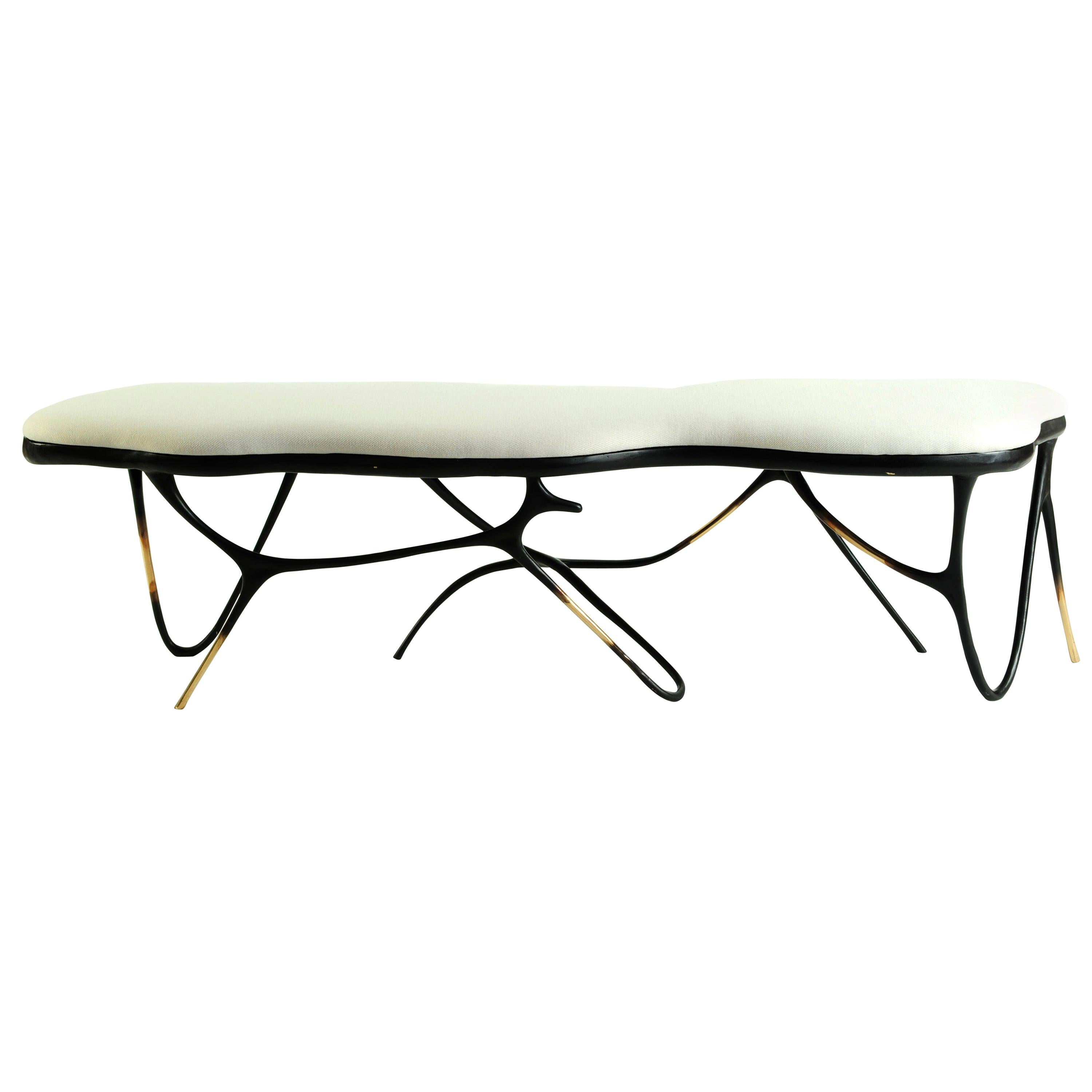 Calligraphic sculpted brass bench by Misaya
Dimensions: W 158 x L 38 x H 40 cm
Hand-sculpted brass table.

Misaya emulates Chinese ink paintings through the process of lost-wax casting.

Each piece in the Ink collection, which consists of a