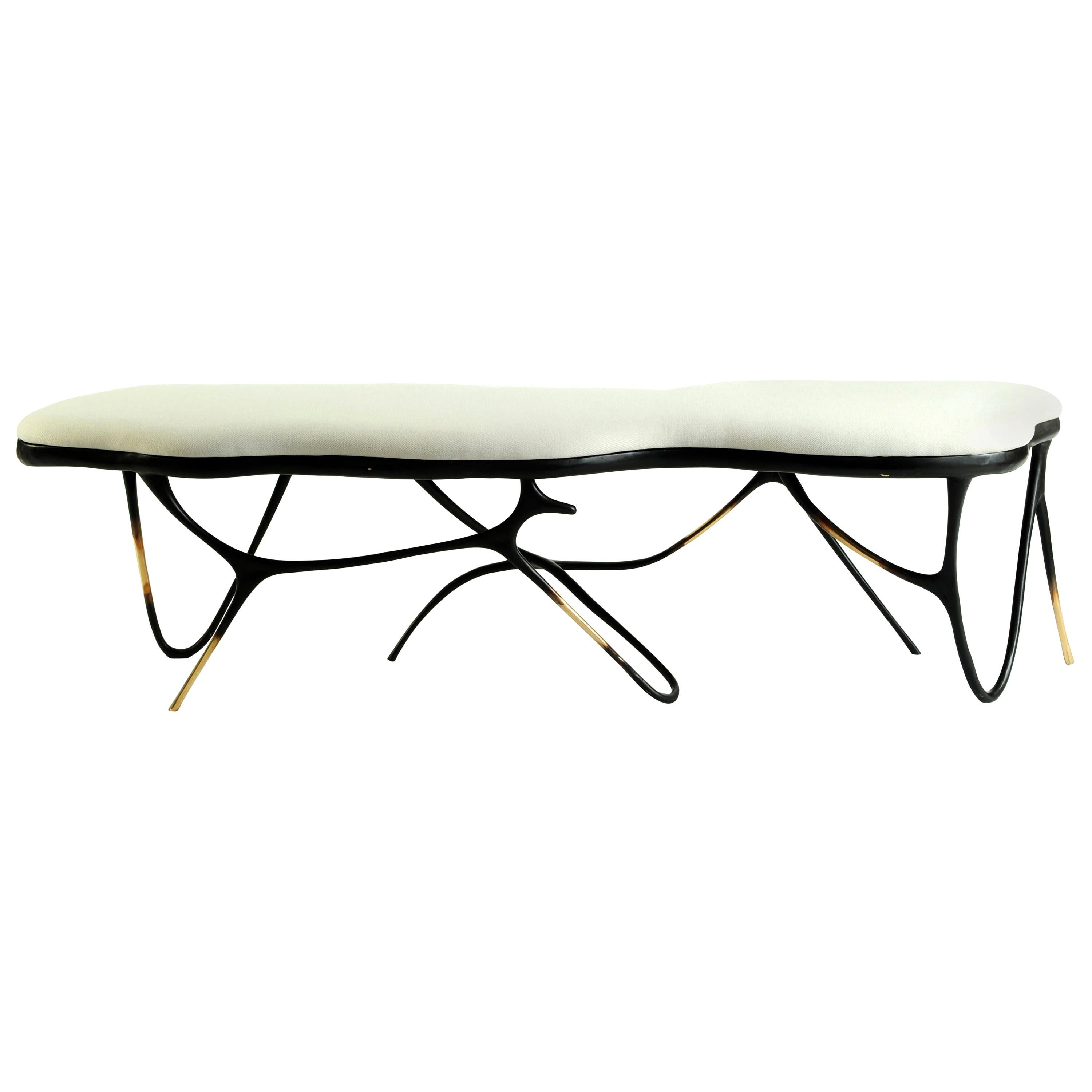 Calligraphic sculpted brass bench by Misaya
Dimensions: W 158 x L 38 x H 40 cm
Hand-sculpted brass table.

Misaya emulates Chinese ink paintings through the process of lost-wax casting.

Each piece in the Ink collection, which consists of a