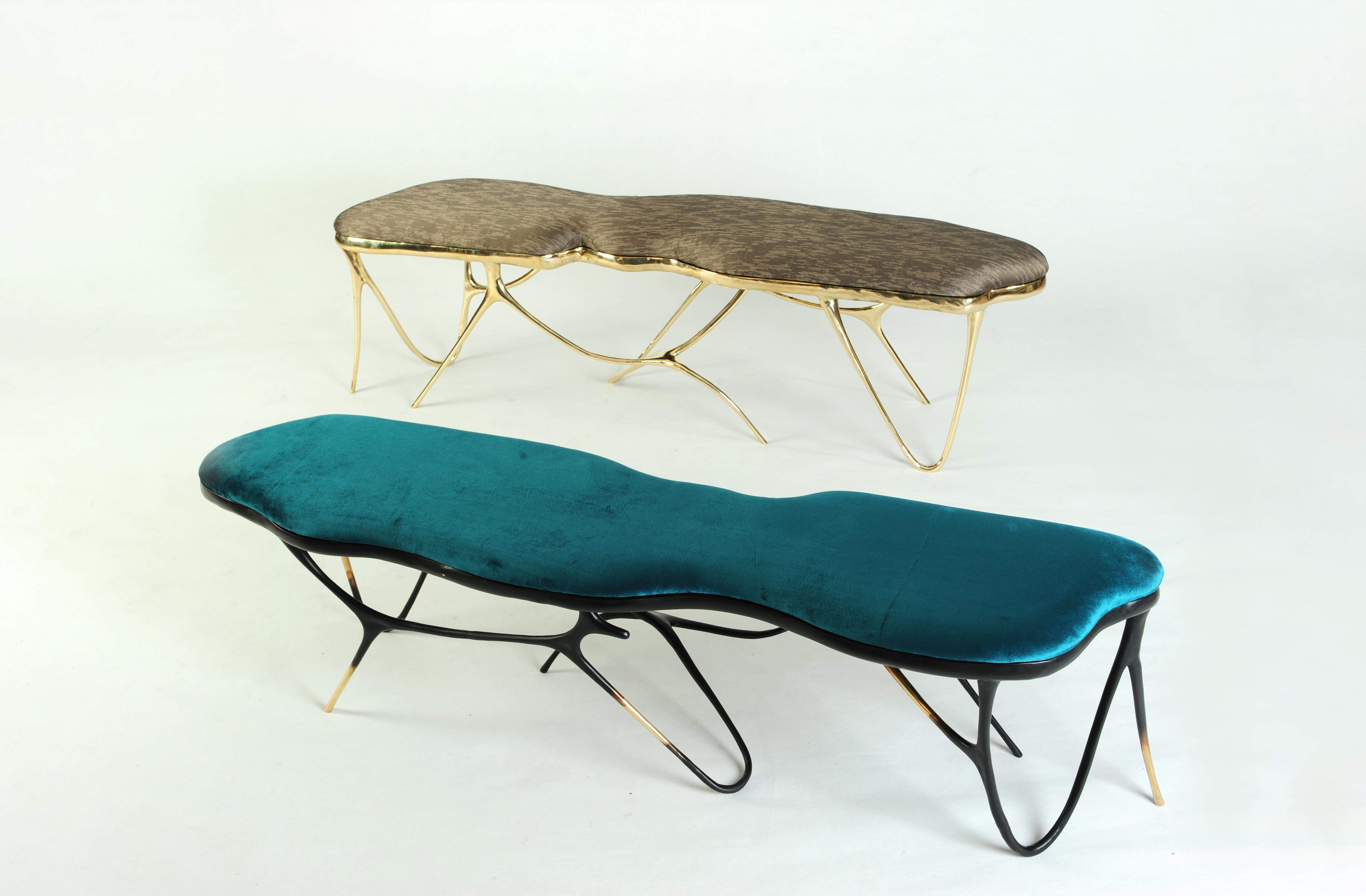 Calligraphic sculpted brass bench by Misaya
Dimensions: W 158 x L 38 x H 40 cm
Hand-sculpted brass table.

Misaya emulates Chinese ink paintings through the process of lost-wax casting.

Each piece in the Ink collection, which consists of a