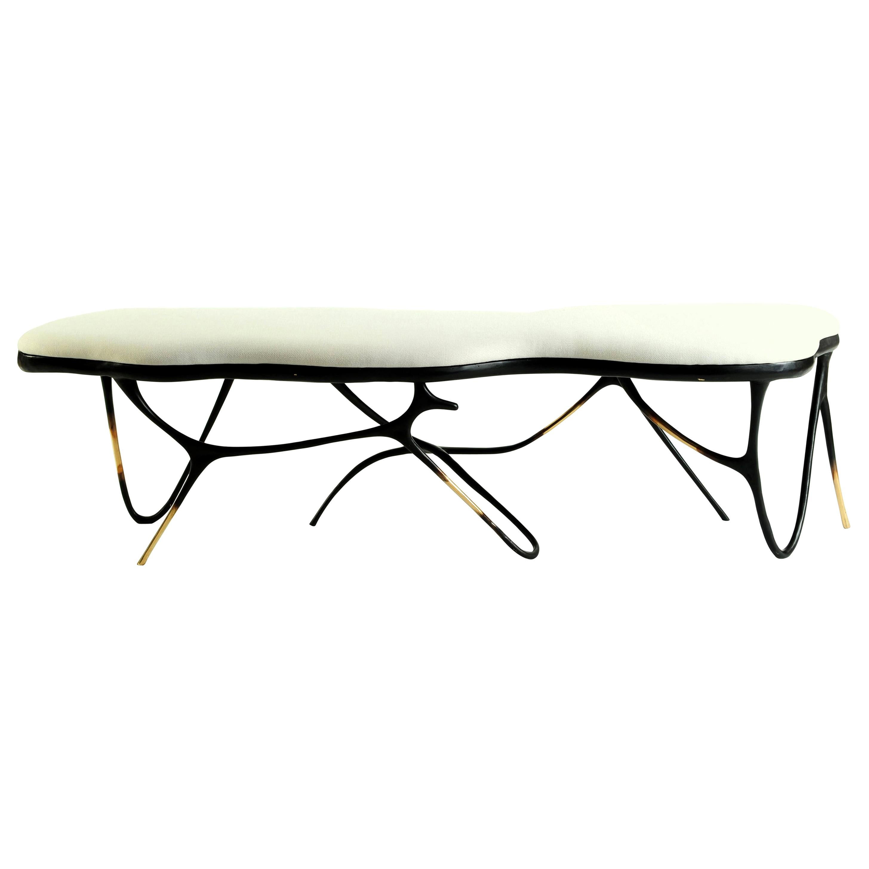 Calligraphic sculpted brass bench by Misaya
Dimensions: W 158 x L 38 x H 40 cm
Hand-sculpted brass table.

Misaya emulates Chinese ink paintings through the process of lost-wax casting.

Each piece in the Ink collection, which consists of a dining