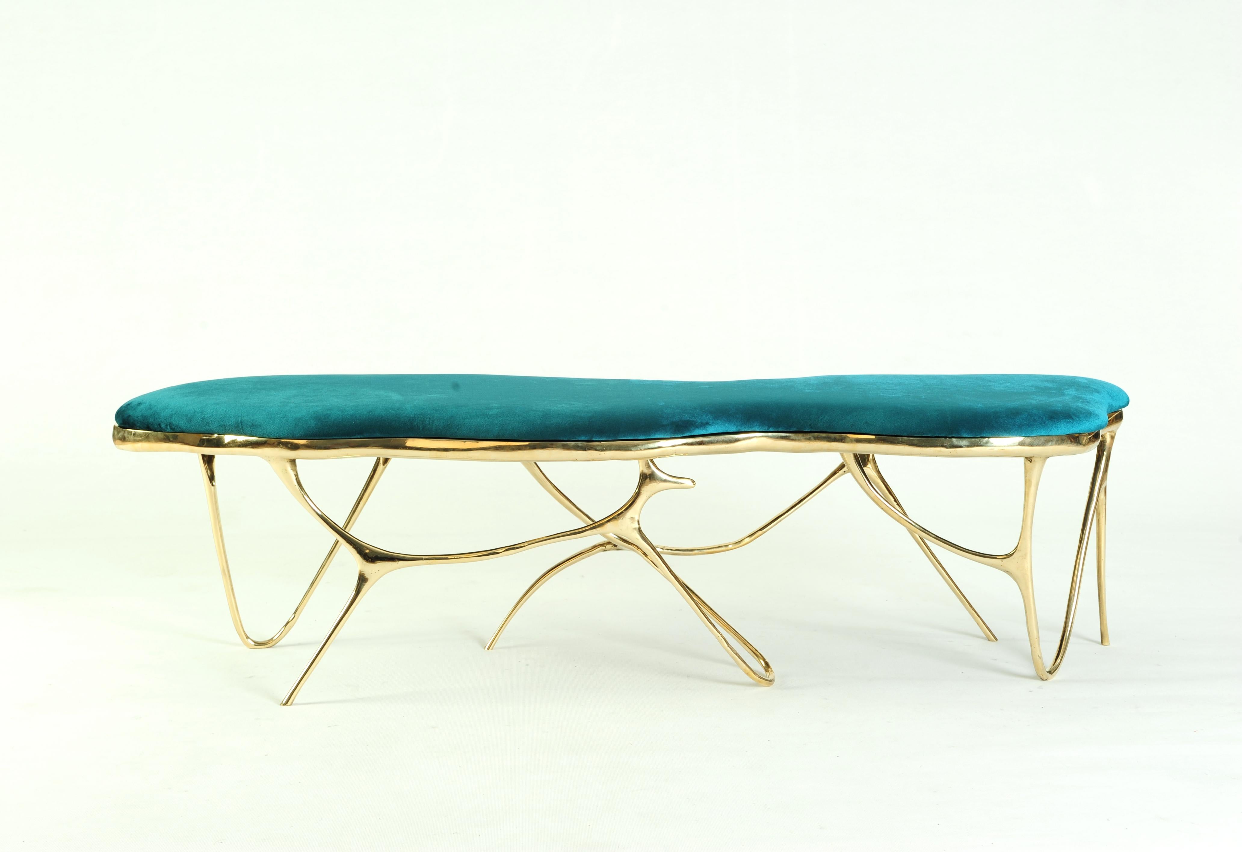 Thai Calligraphic Sculpted Brass Bench by Misaya