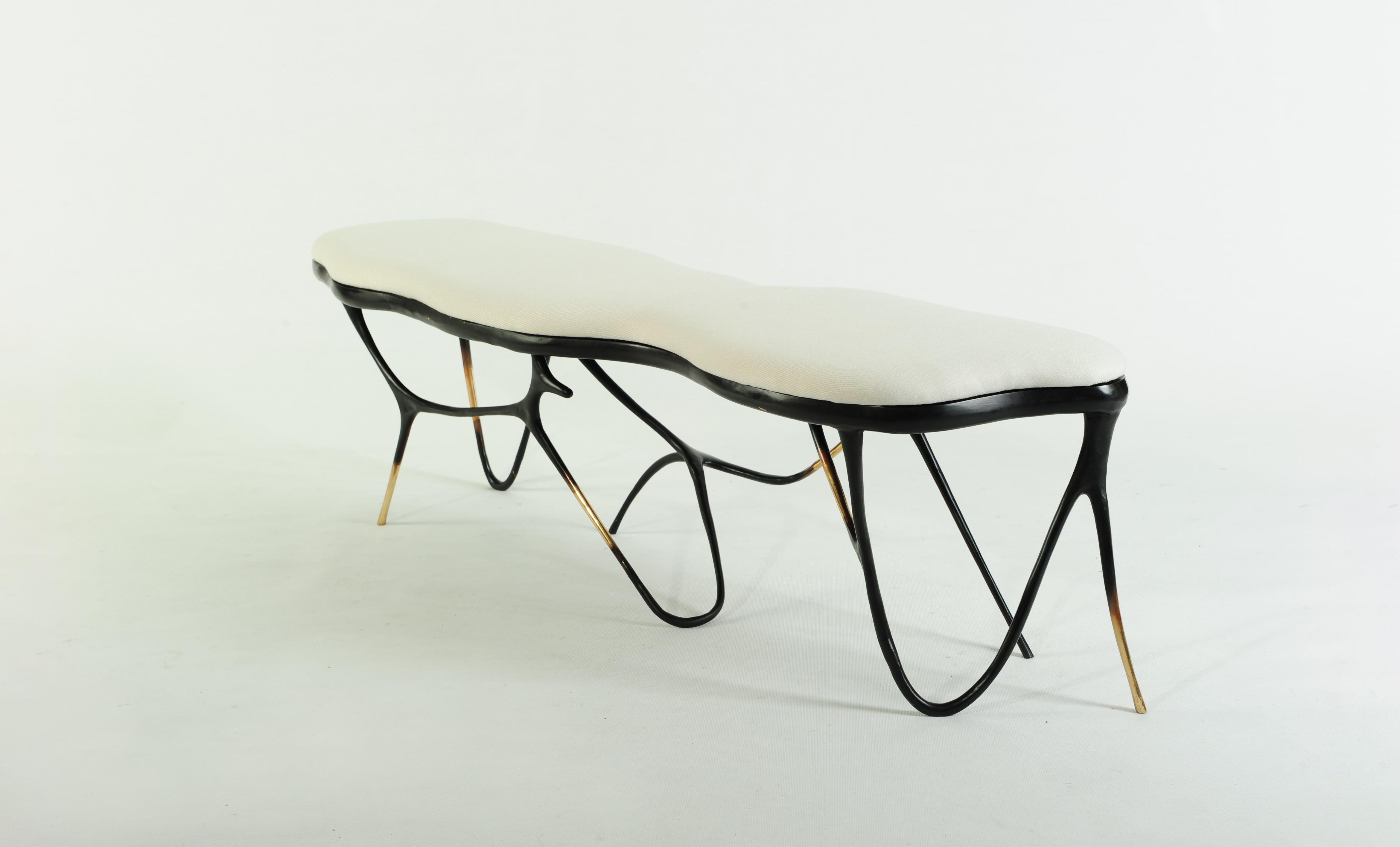 Thai Calligraphic Sculpted Brass Bench by Misaya