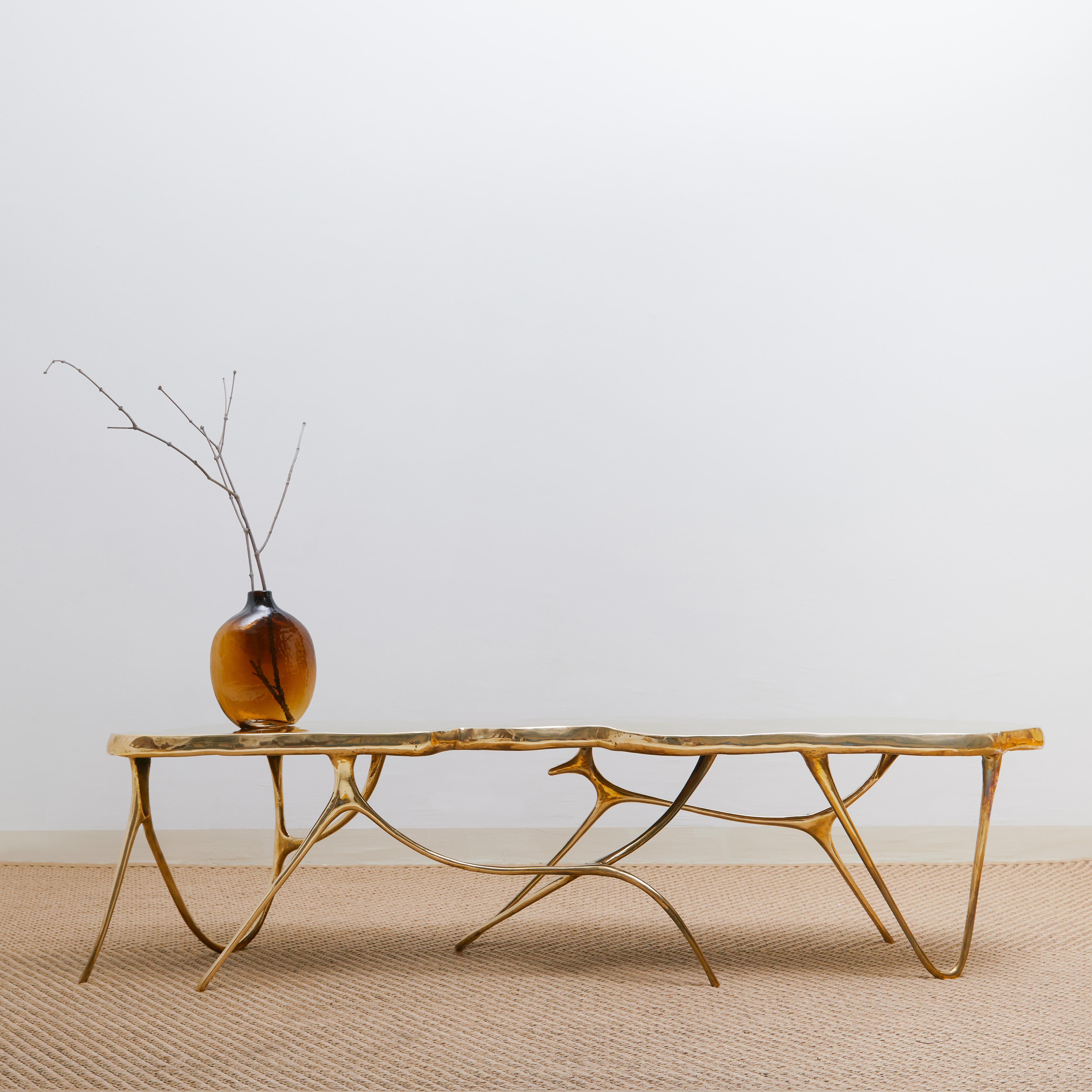 Thai Calligraphic Sculpted Brass Bench by Misaya For Sale