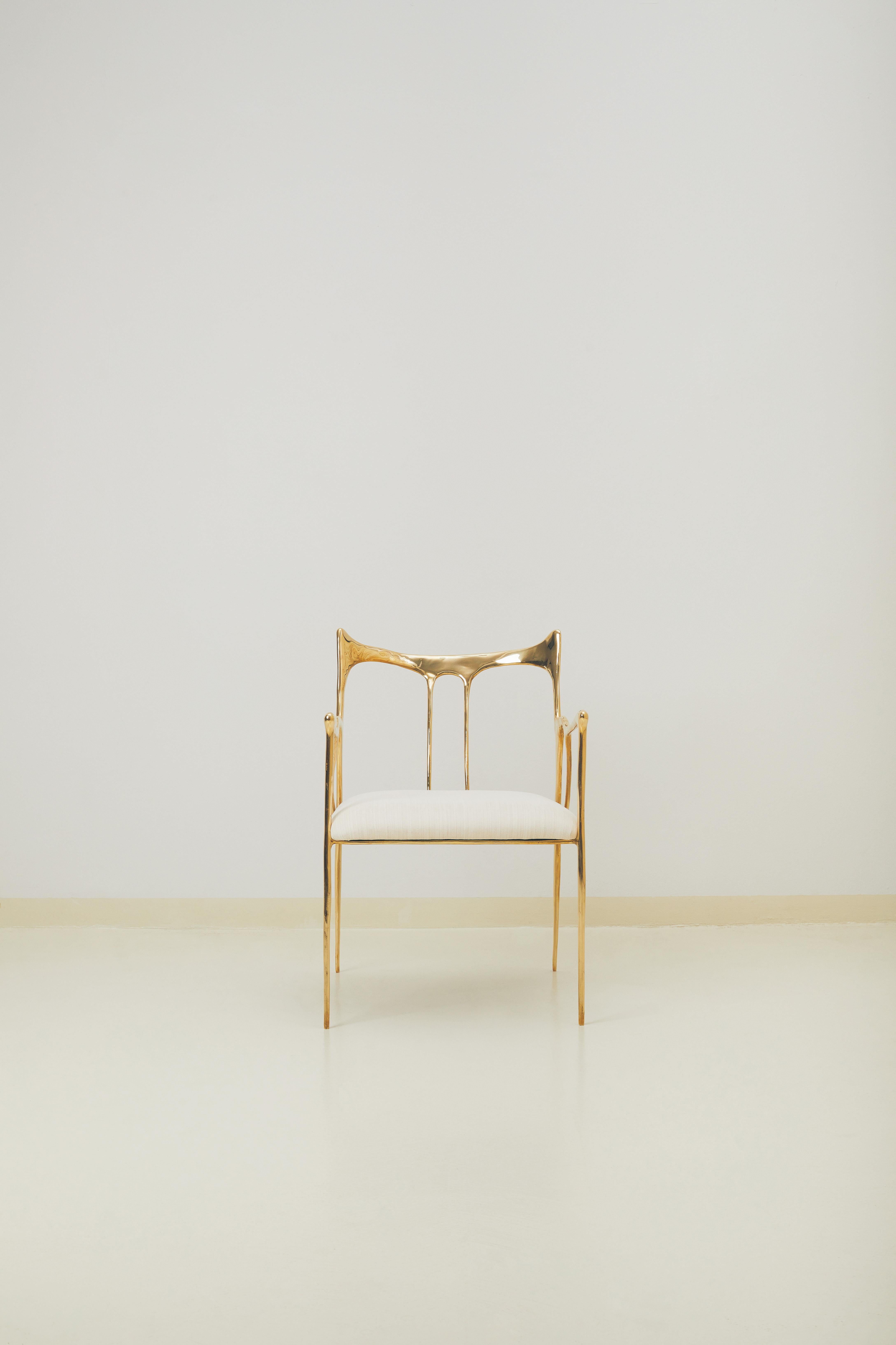 Post-Modern Calligraphic Sculpted Brass Chair with White Fabric Upholstery Seat by Misaya For Sale