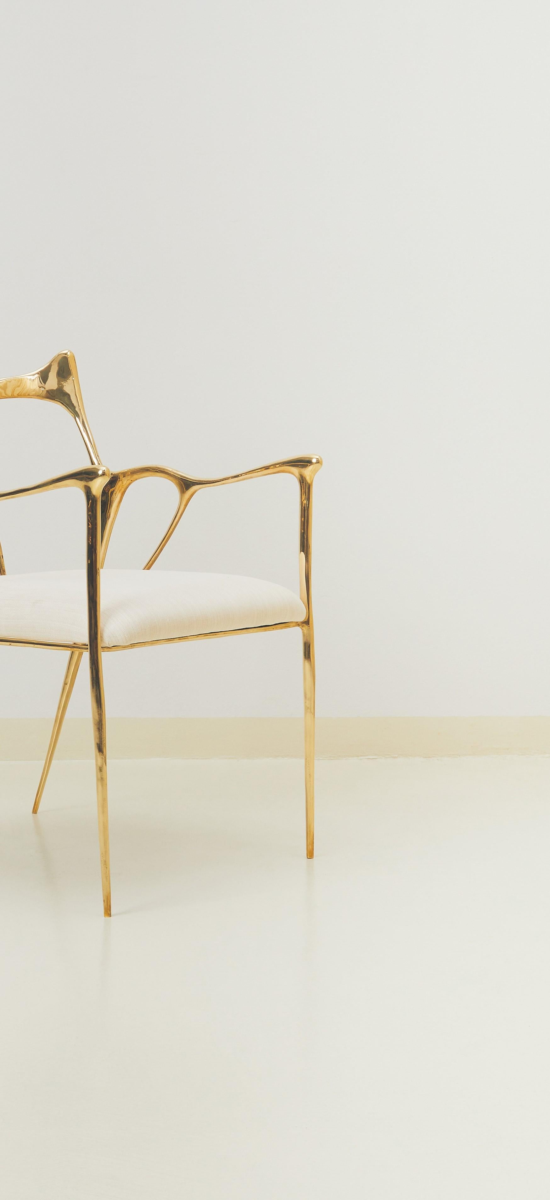 Thai Calligraphic Sculpted Brass Chair with White Fabric Upholstery Seat by Misaya For Sale