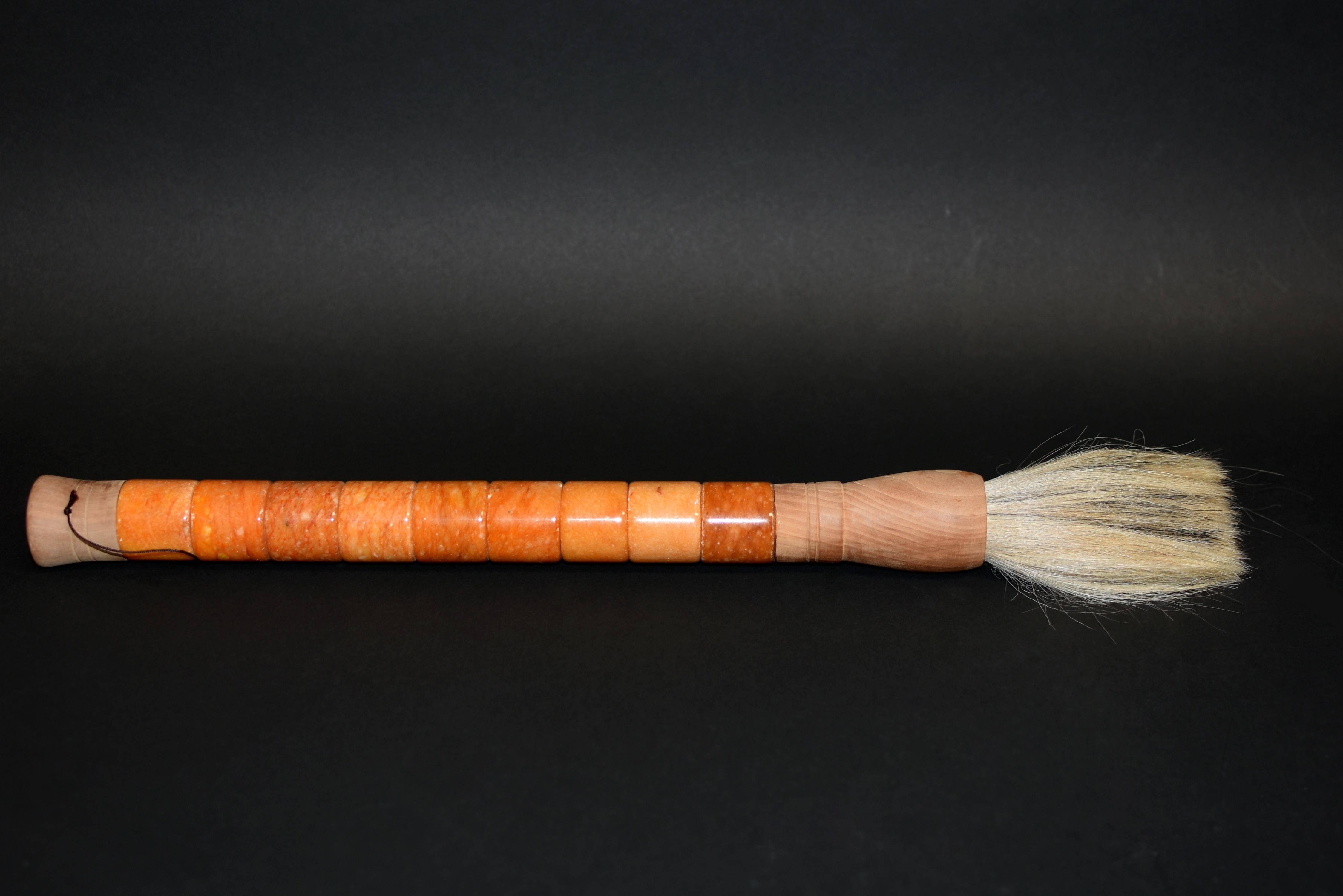 Beautiful hand made extra large Chinese calligraphy brush with stunning butterscotch colored marble archer's rings. Handle is made of 9 large stones, each 1.5