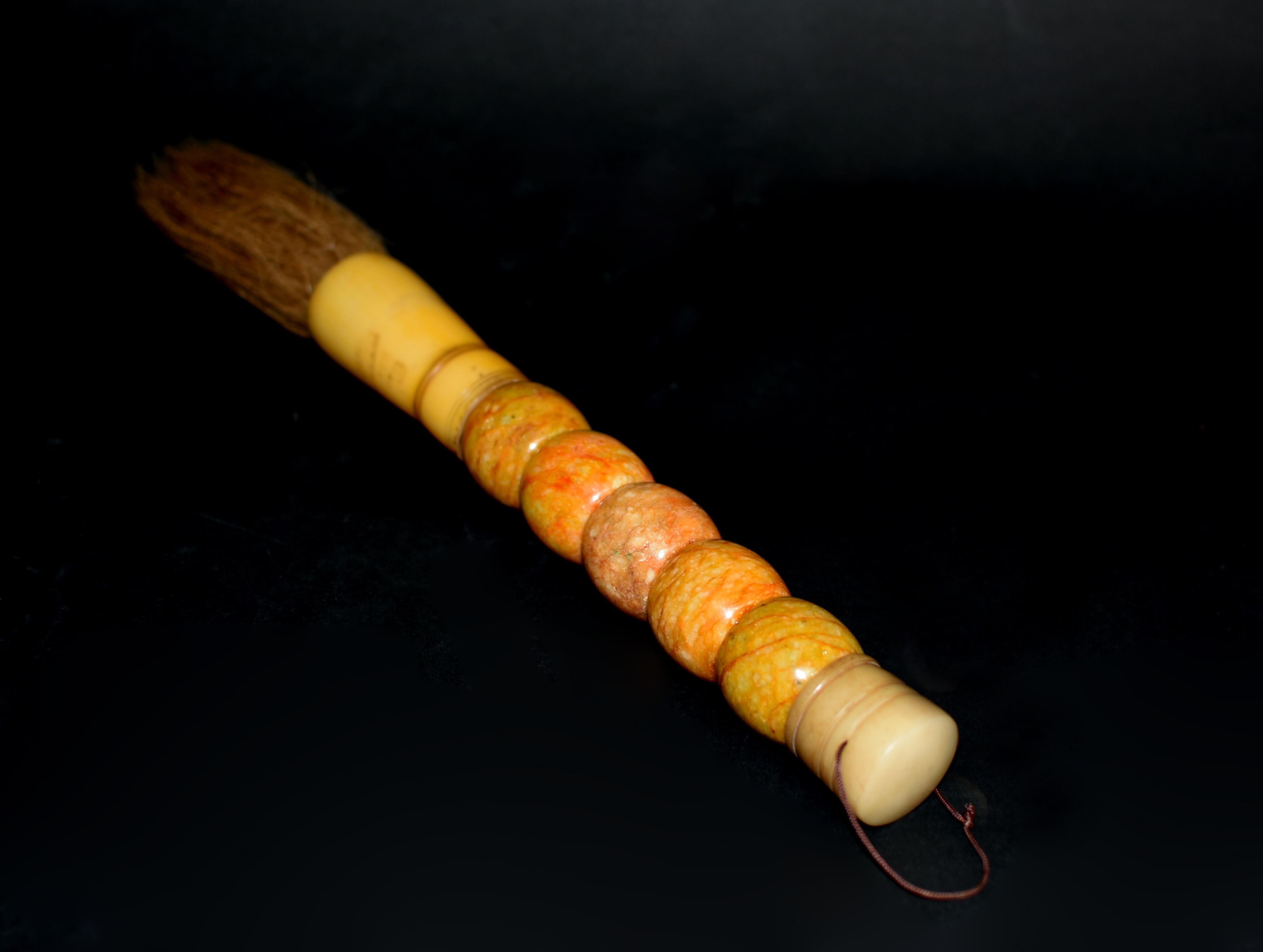 Beautiful hand made large Chinese calligraphy brush with stunning amber colored marble beads, bone ferrule and horse hair. This is a substantial 15