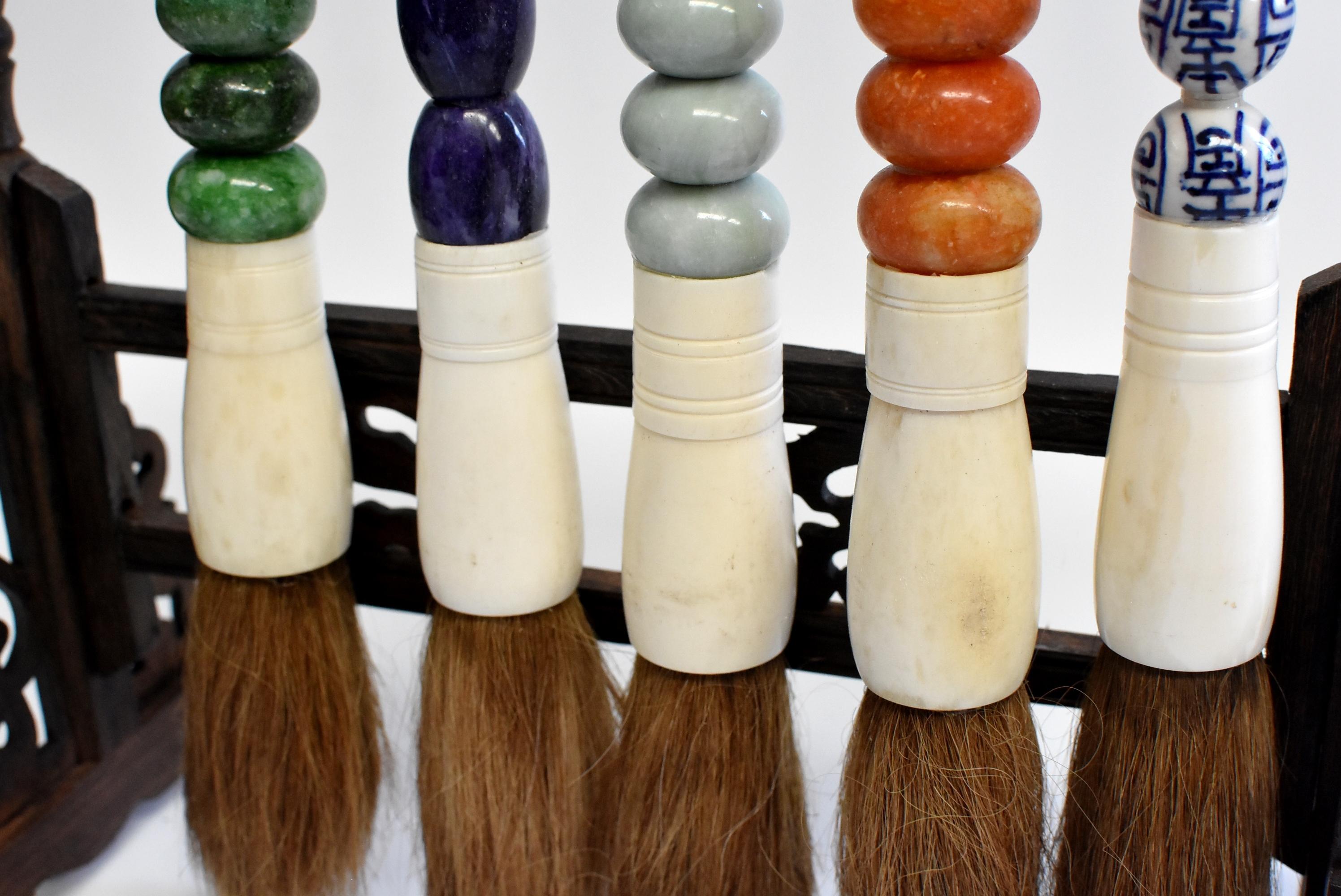 Chinese Calligraphy Brushes Set of 5, Large Colored Quartz Stone