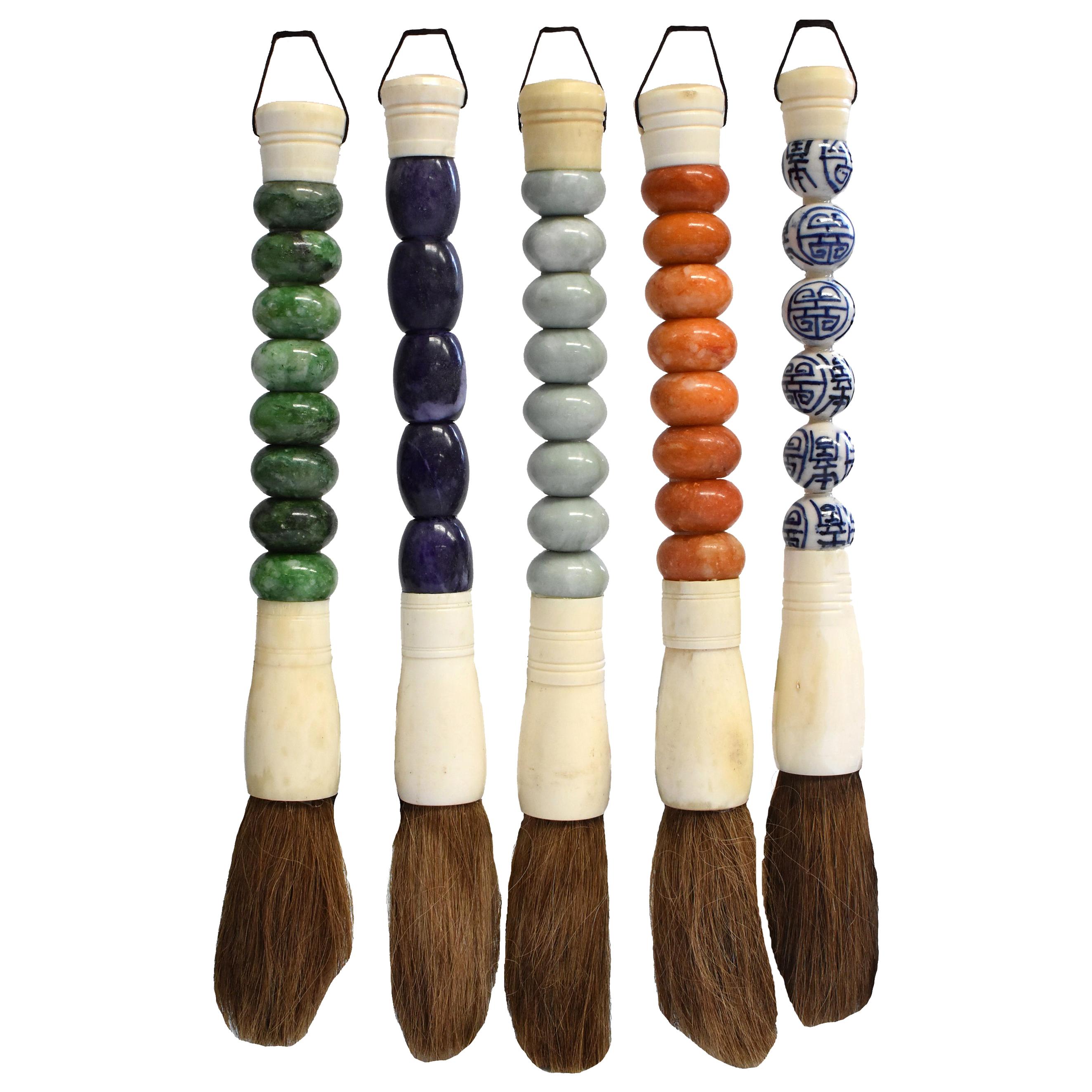 Calligraphy Brushes Set of 5, Large Colored Quartz Stone