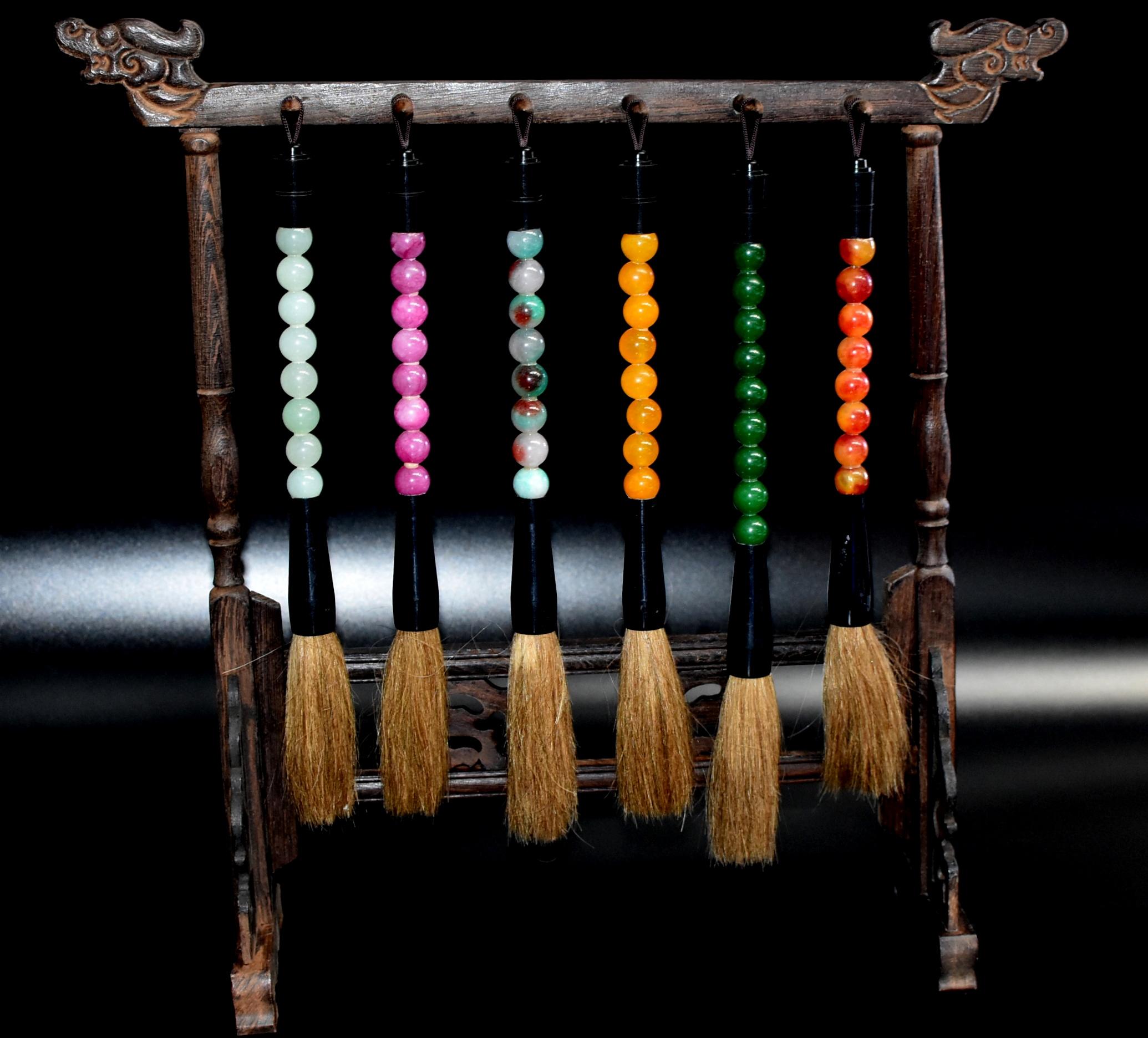 Beautiful set of 6 Chinese calligraphy brushes with genuine quartz balls dyed in 6 different colors. Brushes are handmade with horse hair. Stand not included but available for purchase in our store front.