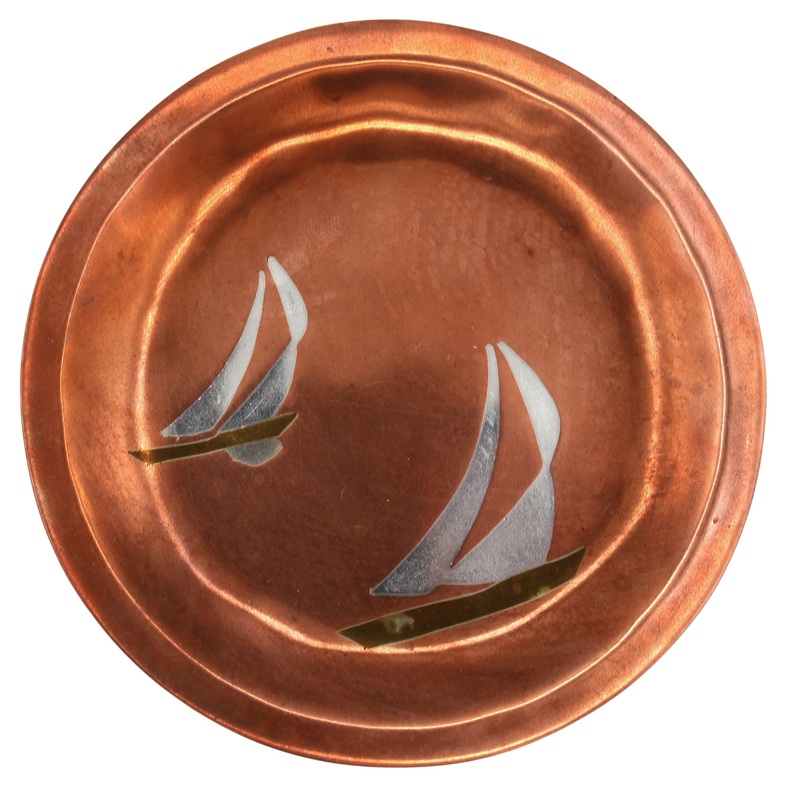Calling Card Tray Featuring Racing Yachts, circa 1950s by Los Costillo, Taxco For Sale