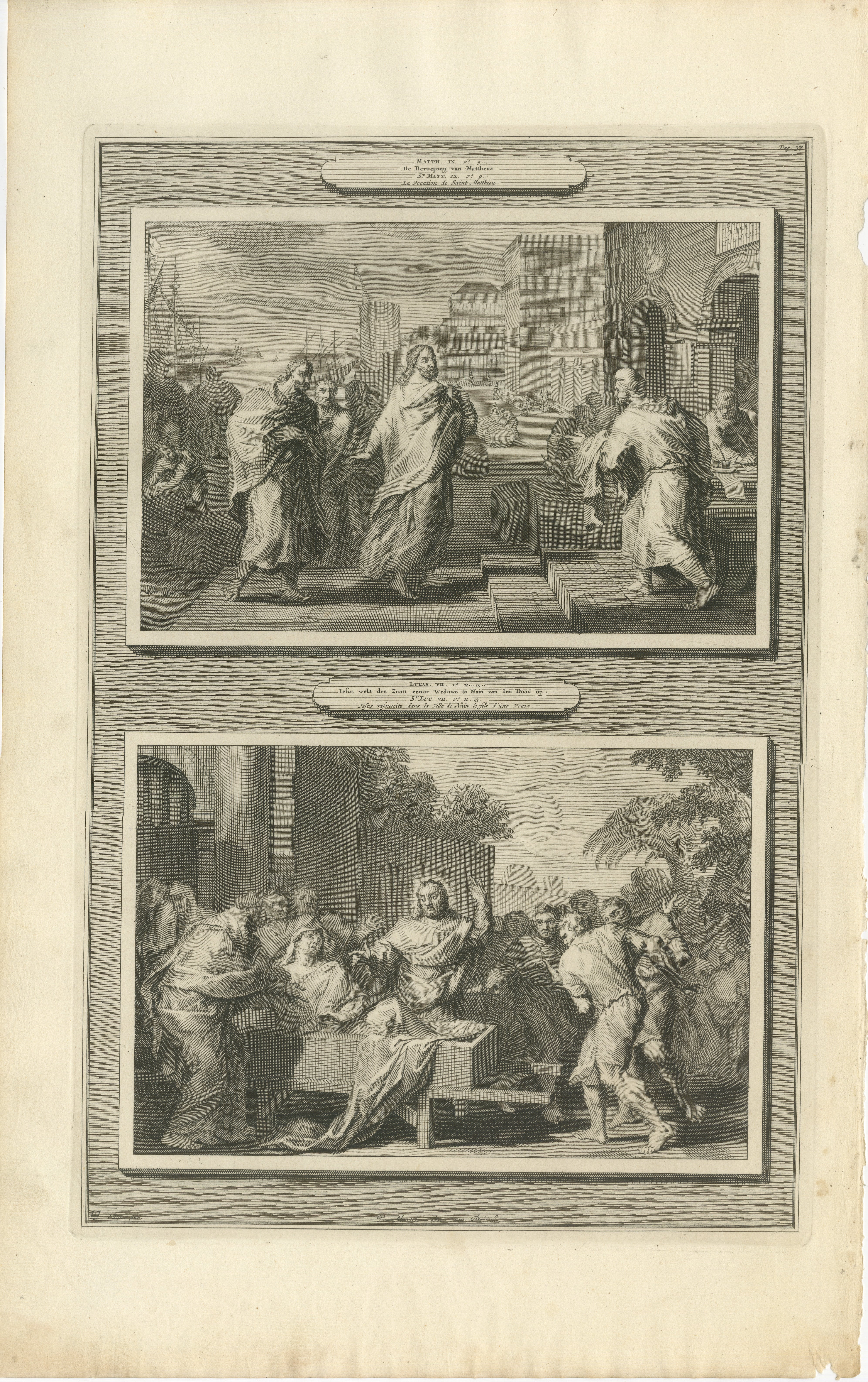 Die Berufung des Heiligen Matthäus und die Auferweckung des Sohnes der Witwe, Pieter Mortier, ca. 1700

Antiker Originalstich aus Histoire du Vieux et du Nouveau Testament, veröffentlicht in Amsterdam von Pieter Mortier um 1700. Diese Tafel