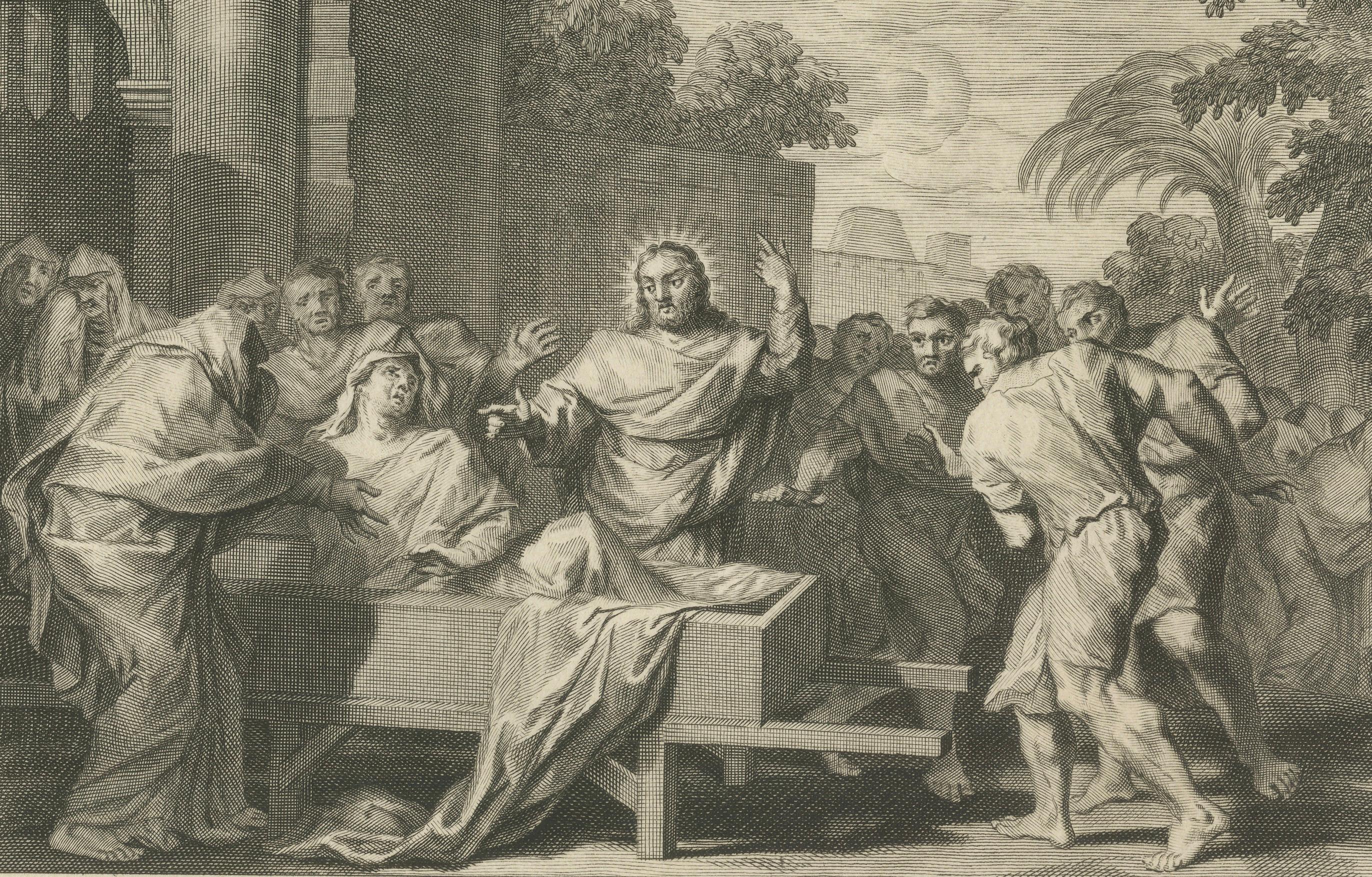 Die Berufung des Heiligen Matthäus und die Auferweckung des Sohnes der Witwe, Pieter Mortier, ca. 1700 im Zustand „Gut“ im Angebot in Langweer, NL