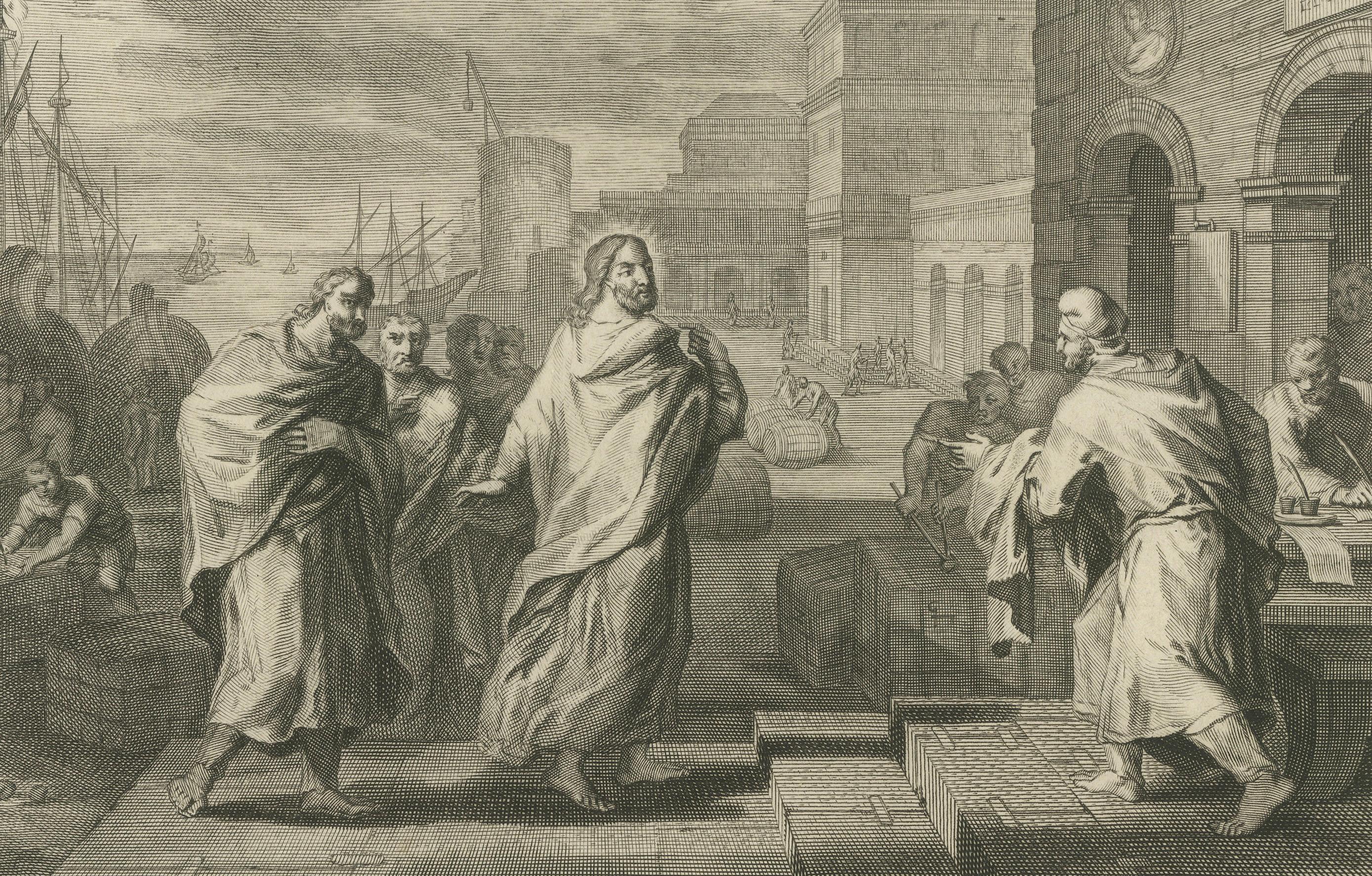 Die Berufung des Heiligen Matthäus und die Auferweckung des Sohnes der Witwe, Pieter Mortier, ca. 1700 (Frühes 18. Jahrhundert) im Angebot