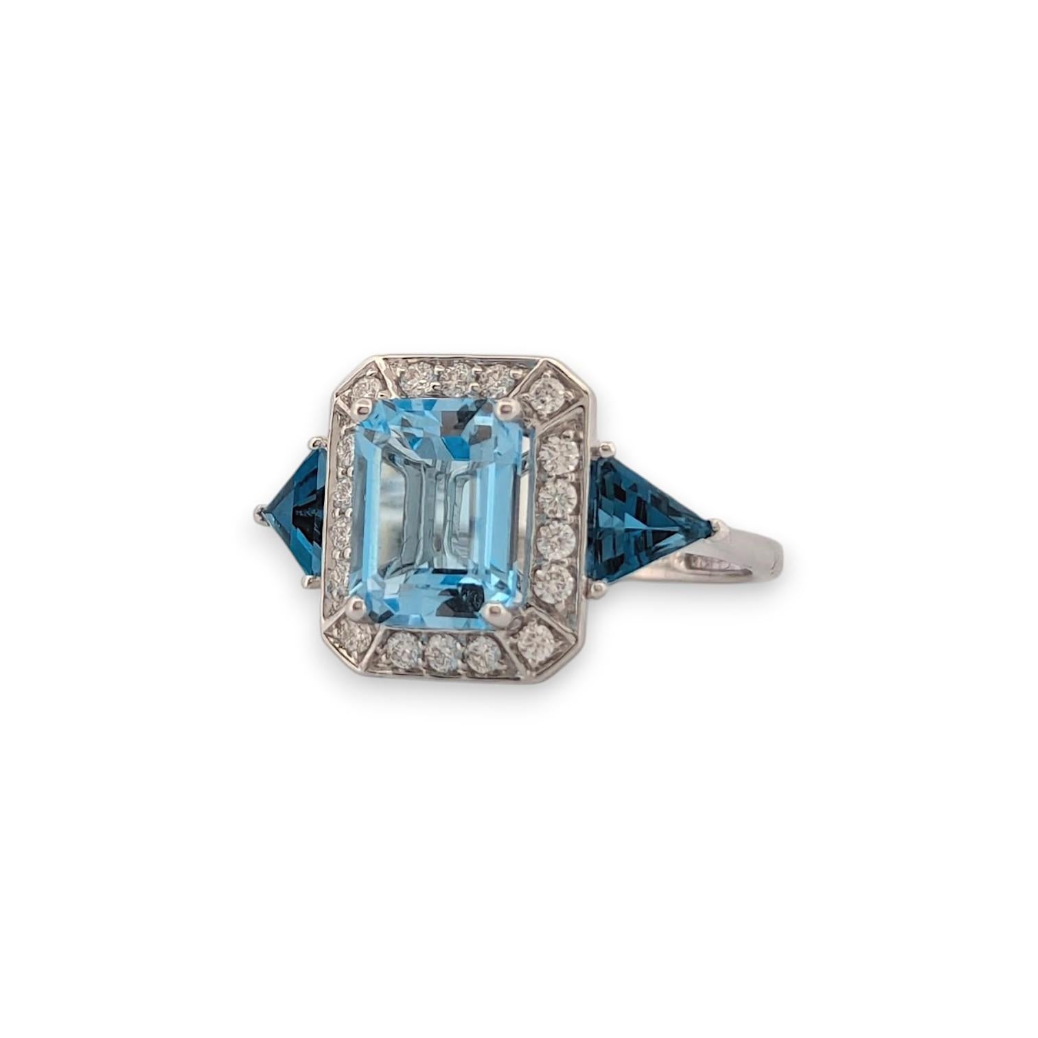 Calliope Blue Topaz Ring, 18K White Gold with 2.63ct Emerald Cut Blue Topaz