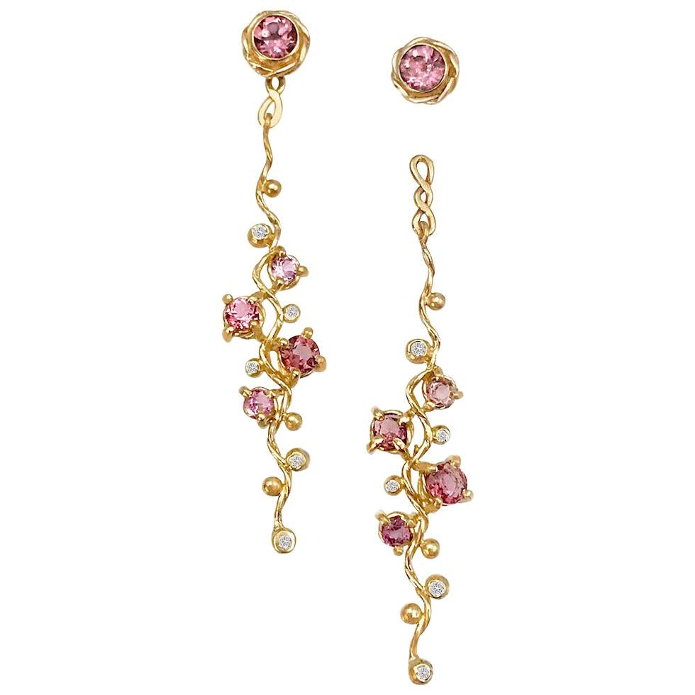 Calliope Pink Spinel and Diamond Twist Vine Detachable Earrings 18 Karat For Sale