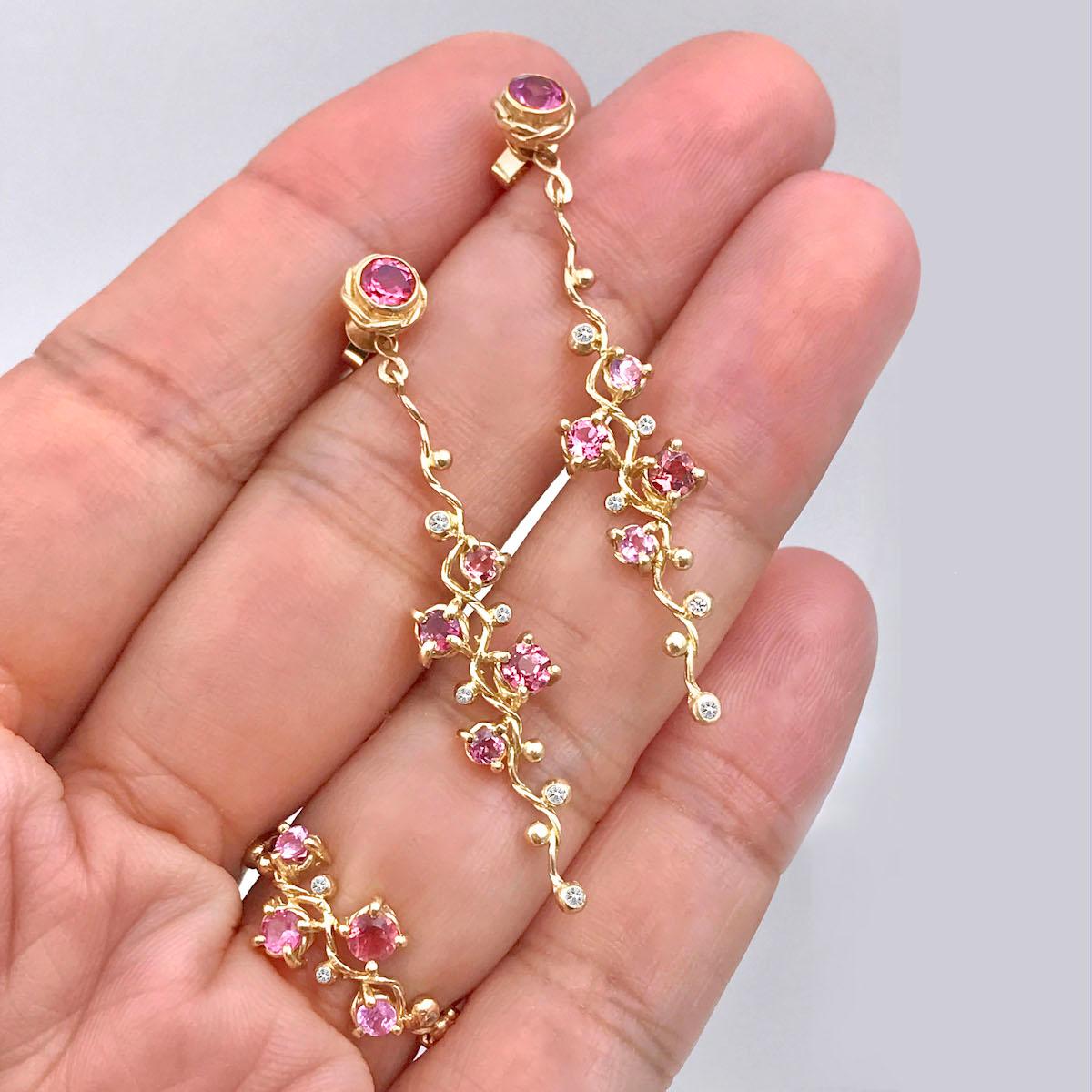 Calliope Pink Spinel and Diamond Twist Vine Detachable Earrings 18 Karat For Sale 3
