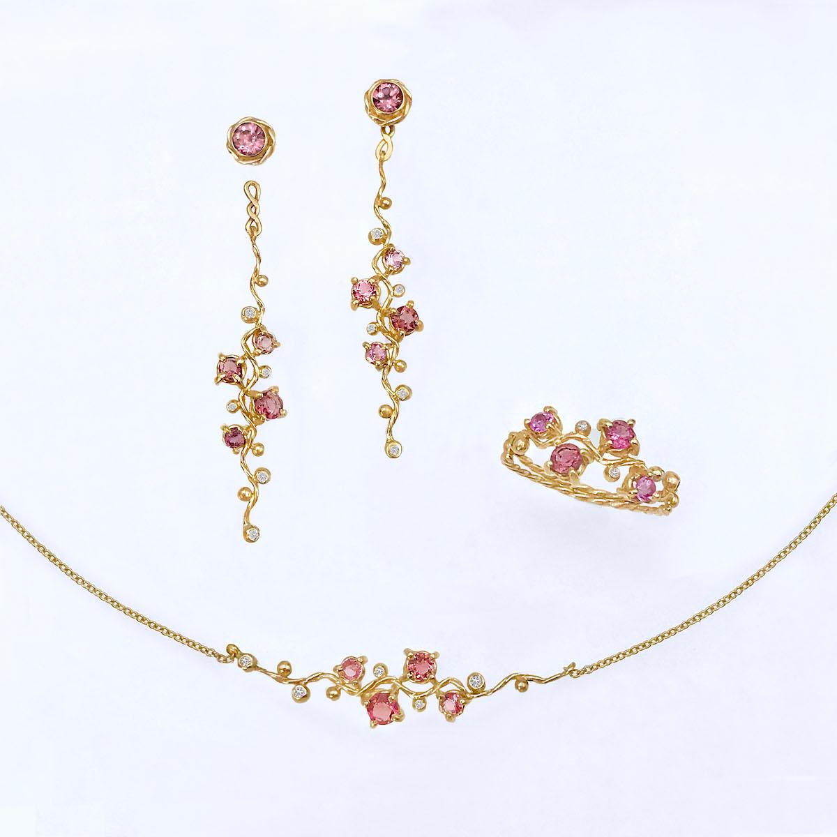 Calliope Pink Spinel and Diamond Twist Vine Detachable Earrings 18 Karat For Sale 4