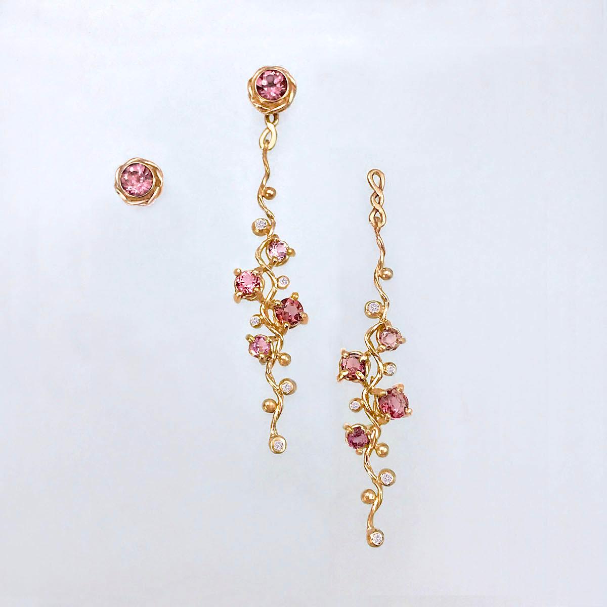 Women's Calliope Pink Spinel and Diamond Twist Vine Detachable Earrings 18 Karat For Sale