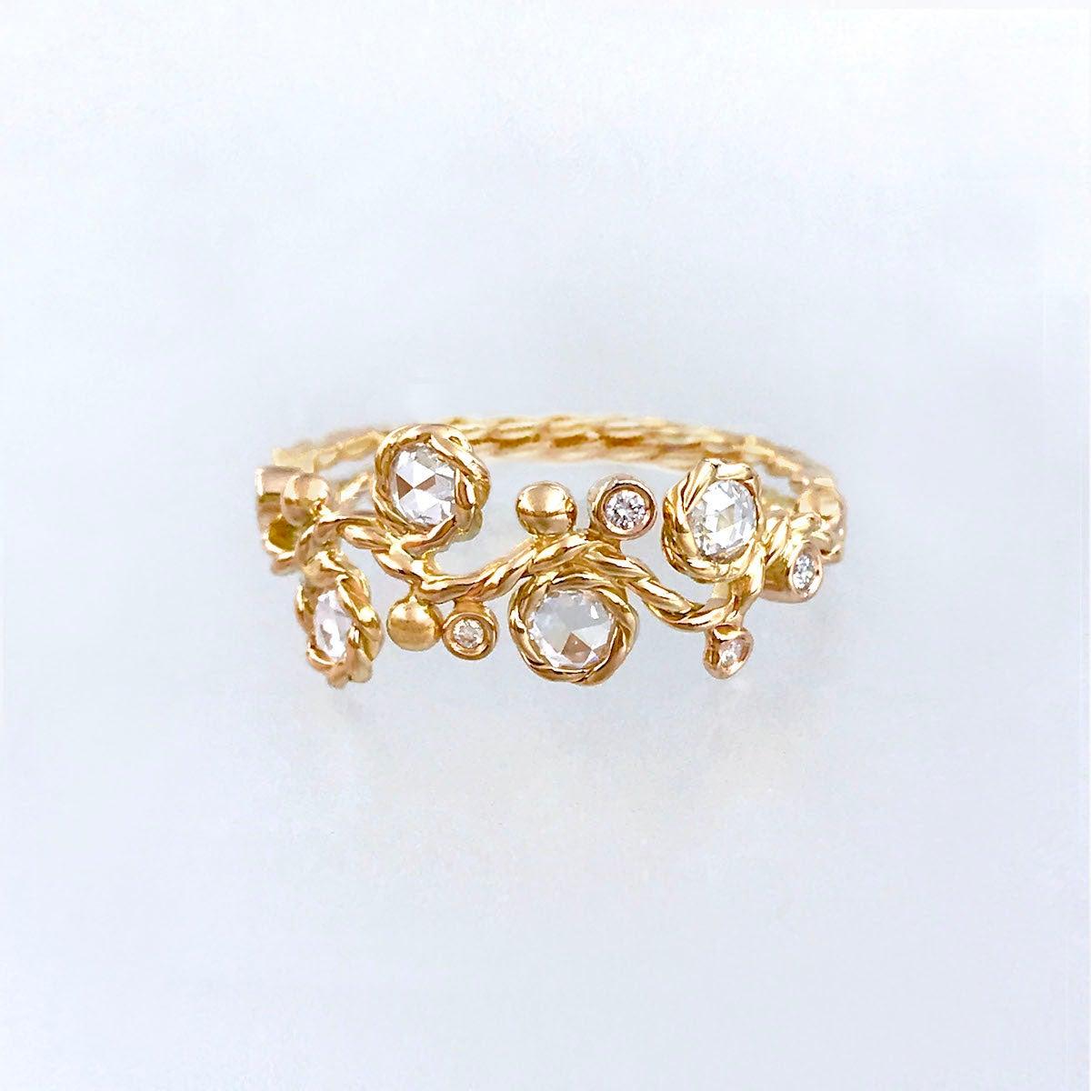 For Sale:  Calliope Rose Cut Diamond Four Stone Twist Vine Half Ring 18 Karat 7