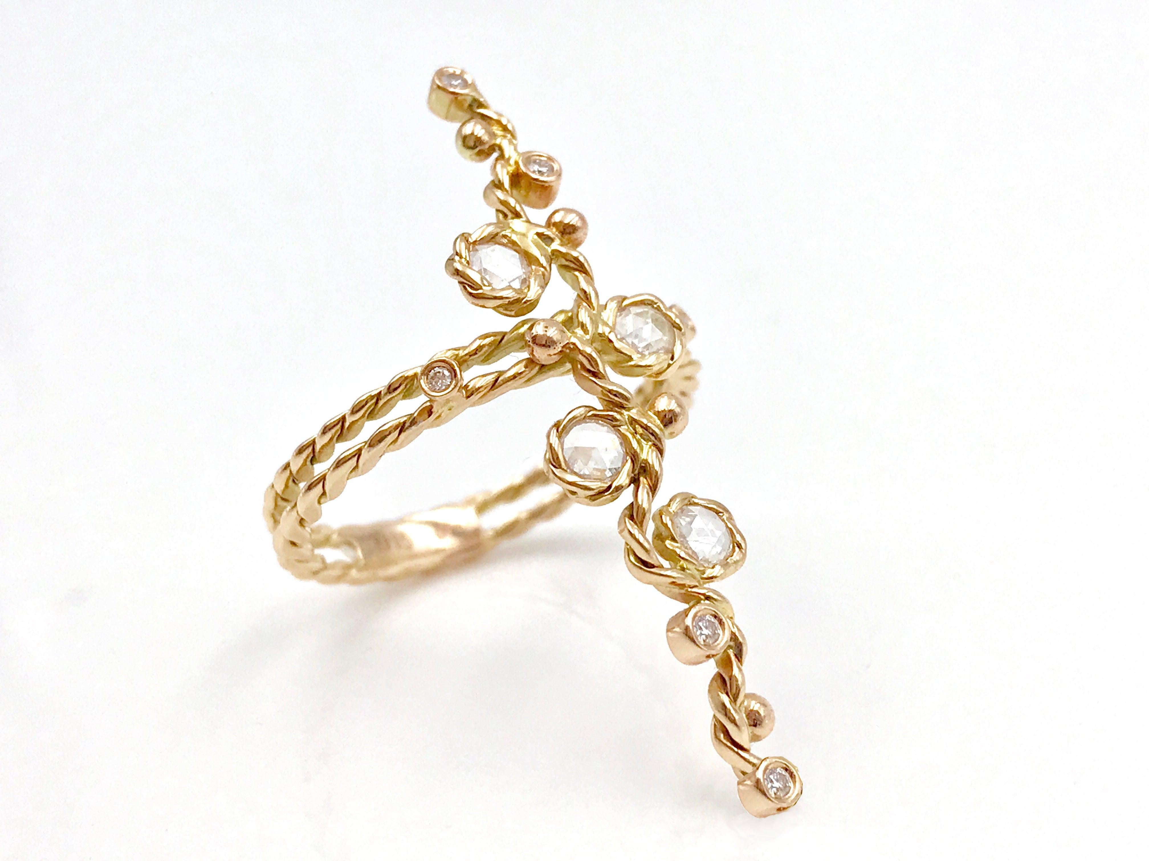 For Sale:  Calliope Rose Cut Diamond Vertical Wavy Bar Ring in 18k Gold 7
