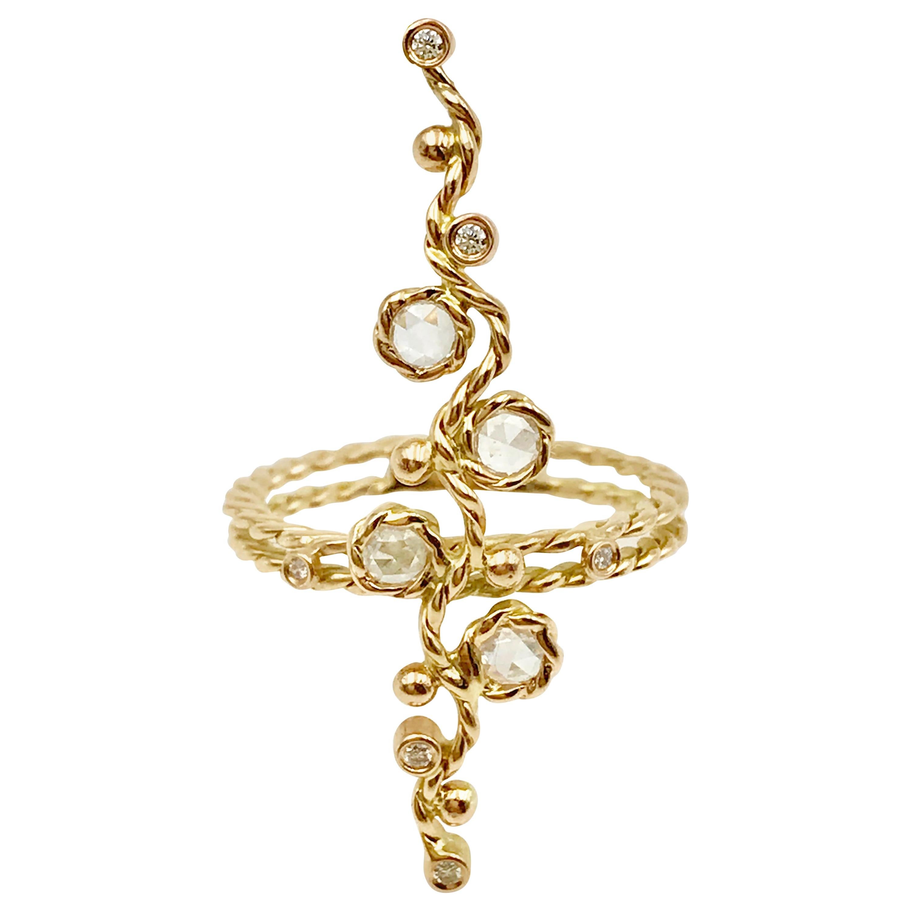 For Sale:  Calliope Rose Cut Diamond Vertical Wavy Bar Ring in 18k Gold