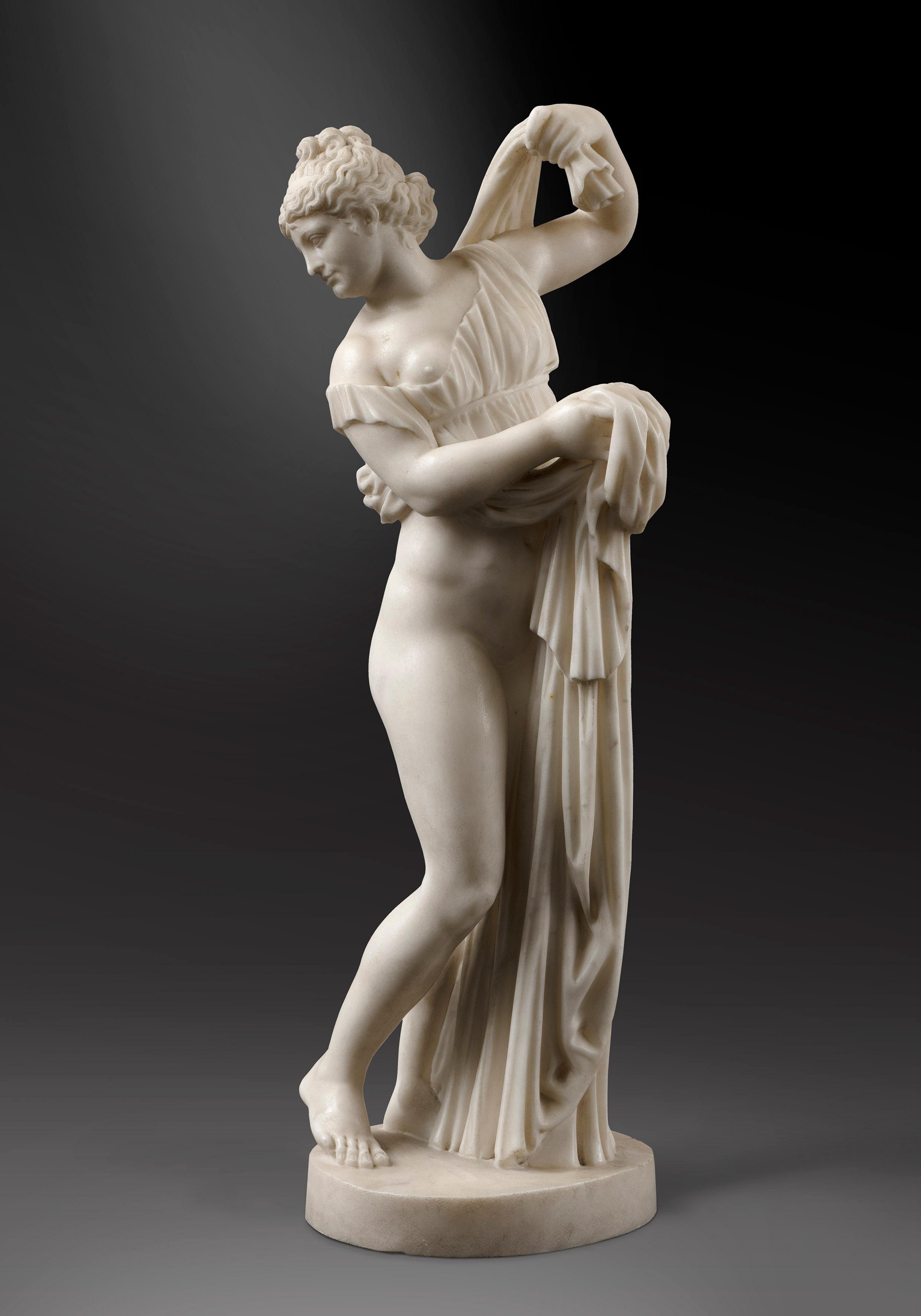 Callipygian Venus

19th Century
Italian (Naples or Rome)
White marble 
After the Antique: Naples Archaeological Museum (IT)
Roman version of a Hellenistic 3rd Century B.C. model



Height: 62 cm
Width: 22 cm
H 24 1/2 x W 8 2/3 inch 

The Callipygian