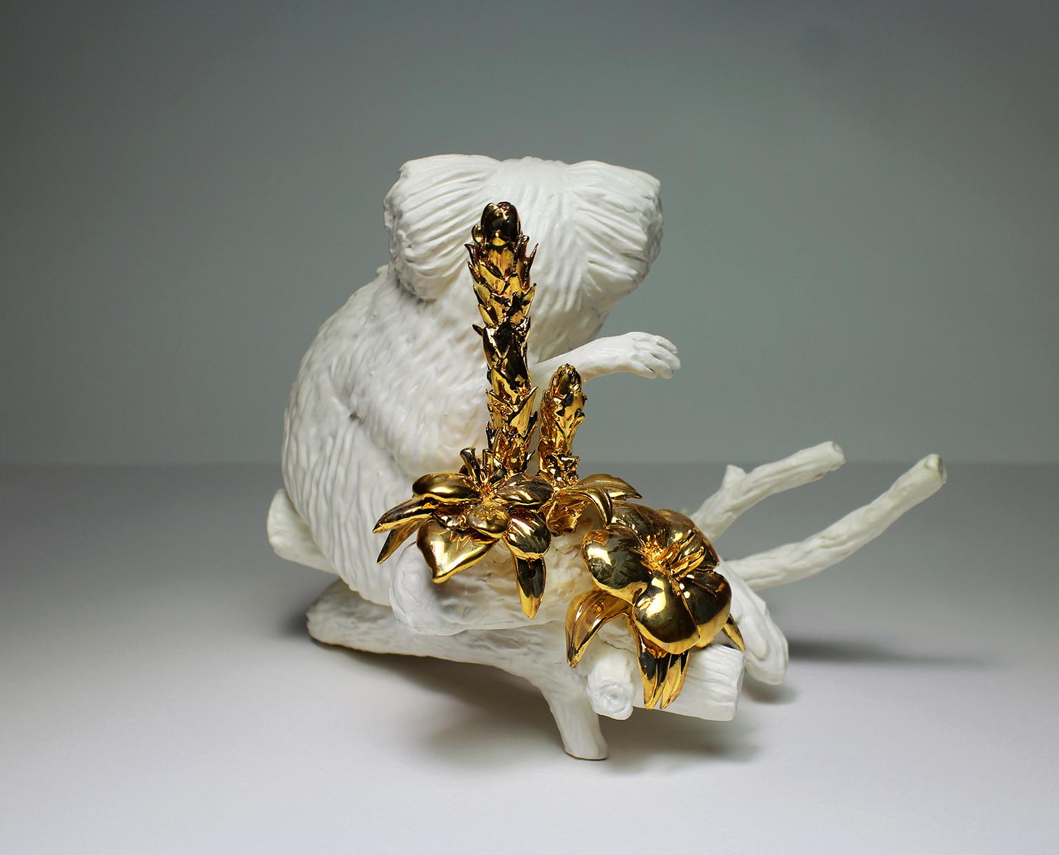 Modern Callithrix Jacchus by Mikel Durlam, Ceramic Sculpture with 22 Karat Gold Luster For Sale