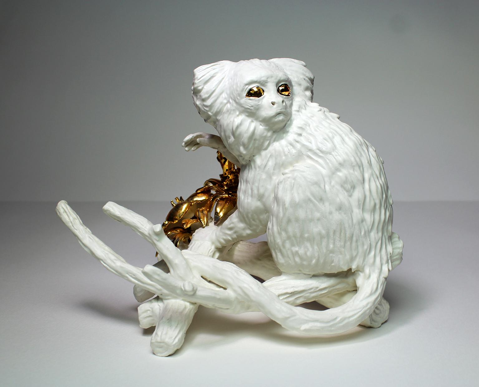 American Callithrix Jacchus by Mikel Durlam, Ceramic Sculpture with 22 Karat Gold Luster For Sale