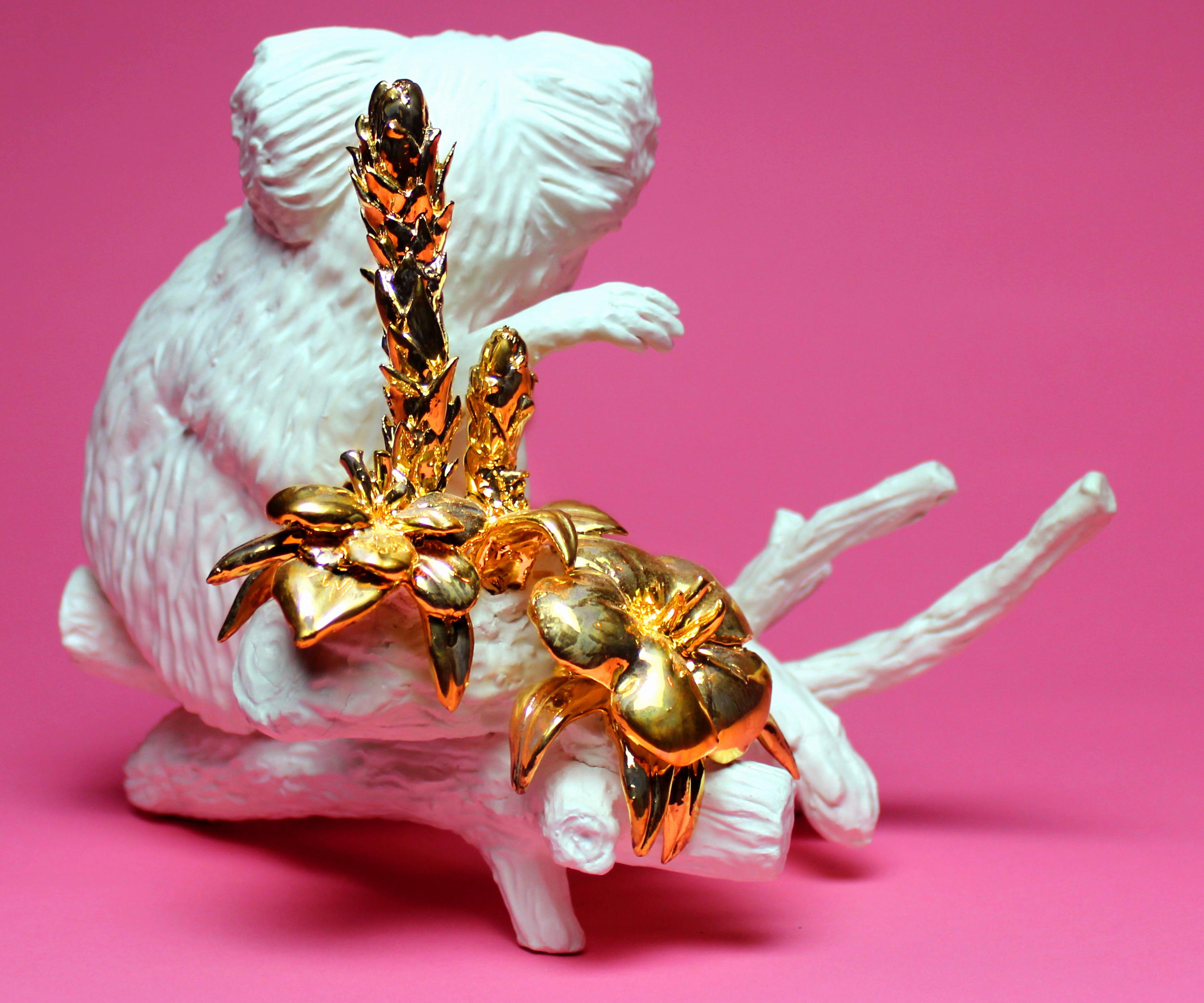 Hand-Crafted Callithrix Jacchus by Mikel Durlam, Ceramic Sculpture with 22 Karat Gold Luster For Sale