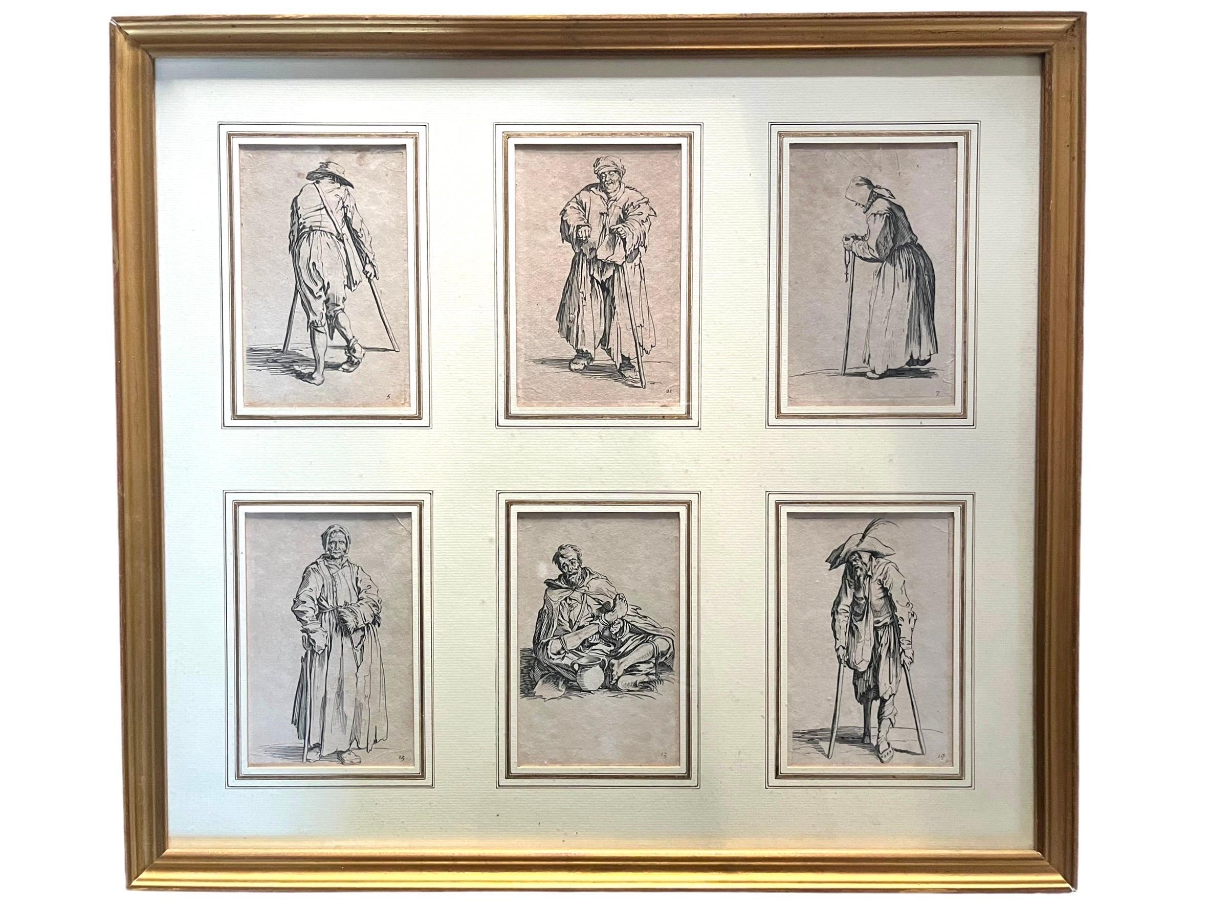 CALLOT – 6er-Set Gravuren Les Gueux – gerahmt – 17. Jacques CALLOT – Frankreich im Angebot 2