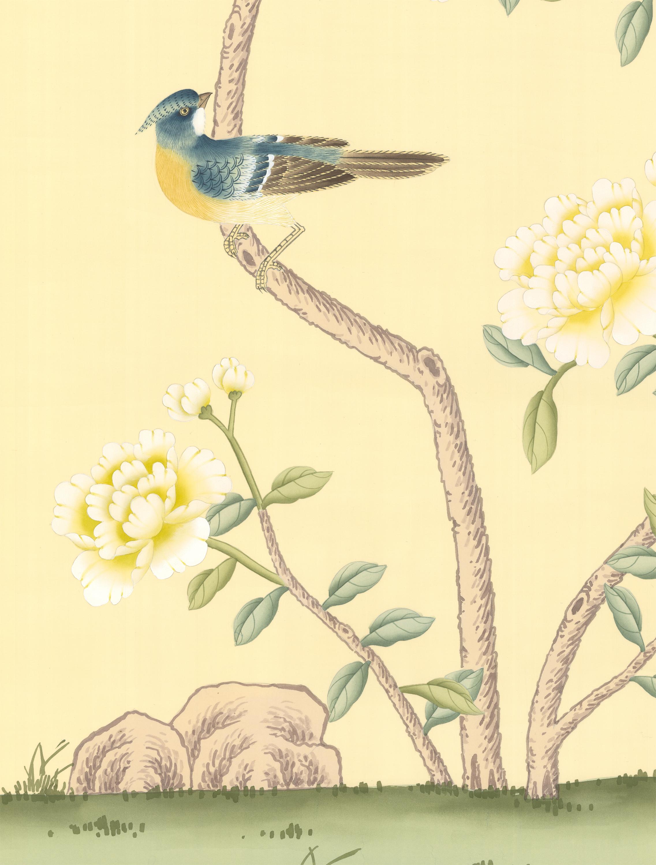 Calloway yellow wallpaper mural is a set of 5 panels painted in the Chinoiserie style. The panels have delicately painted birds, and colorfully vibrant flowers. This mural is designed to be installed above a chair rail in a dining room or other home