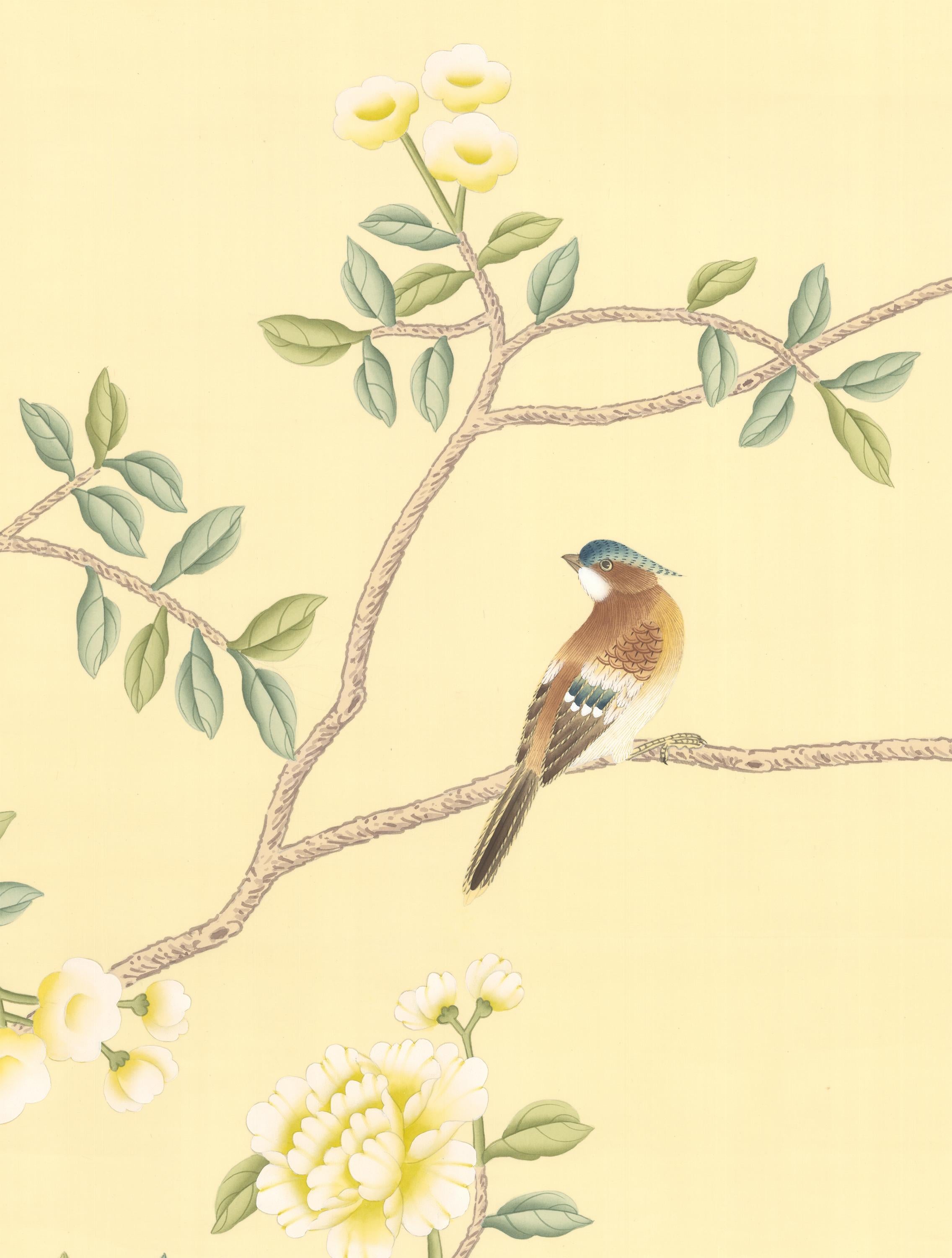 Hand-Painted Calloway Yellow Chinoiserie Wallpaper Mural For Sale