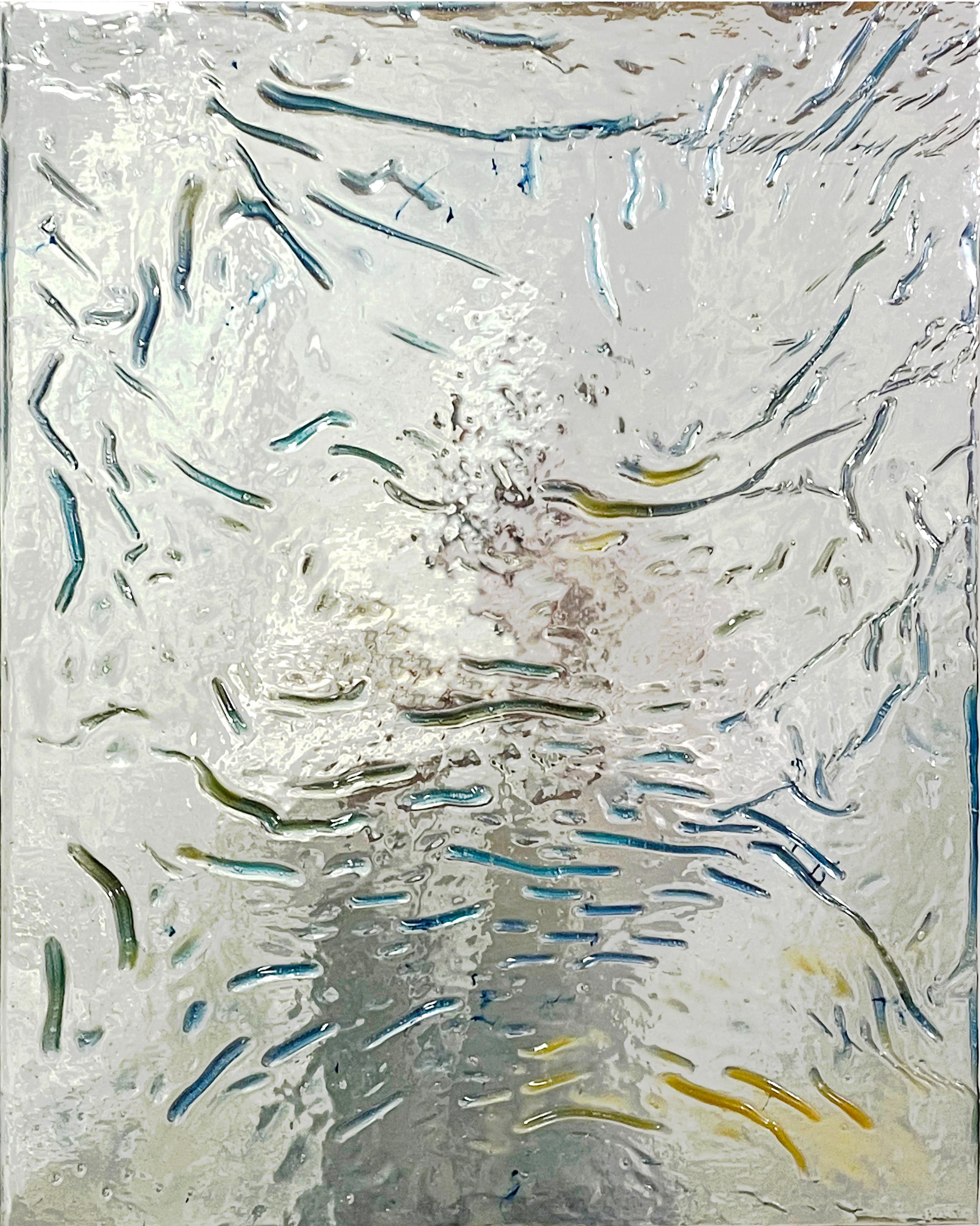 Callum Schuster Abstract Painting - AS.21.3 - contemporary abstract mirrored artwork on panel, blue, green, silver