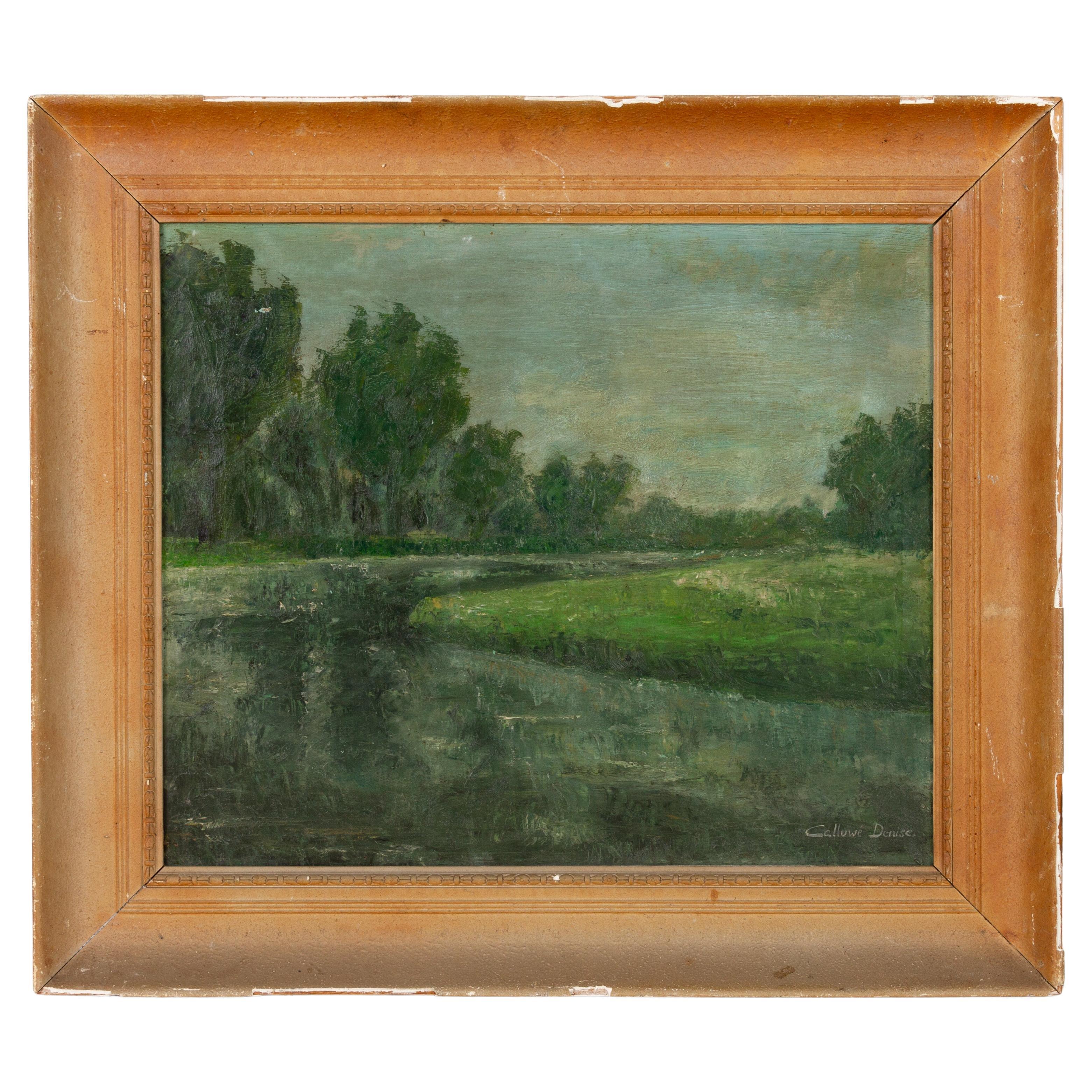 Peinture à l'huile de Calluwe Denise, paysage de rivière, milieu du 20e siècle
