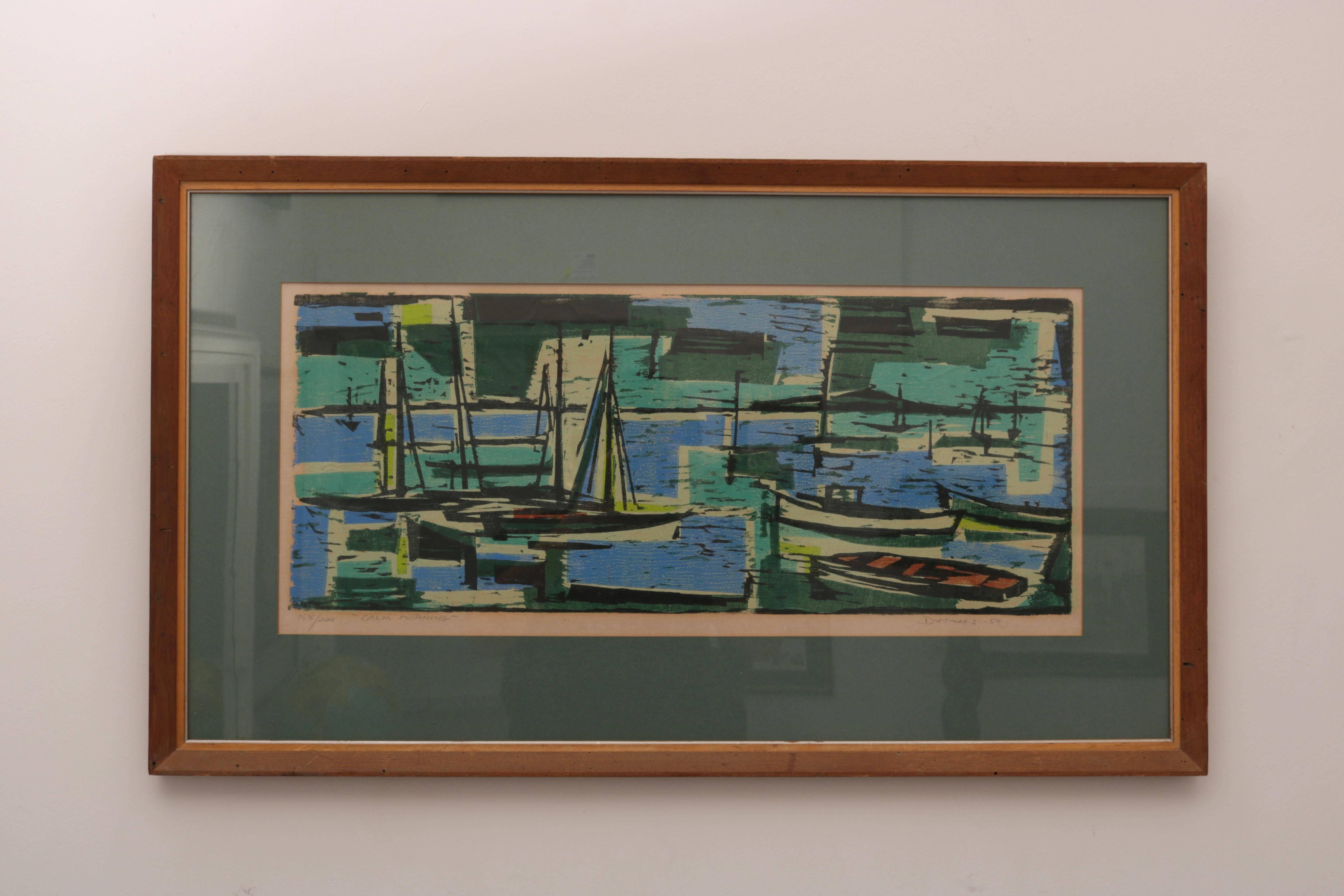This Mid-20th century woodcut of mored sail boats is by Werner Drewes and is titled 
