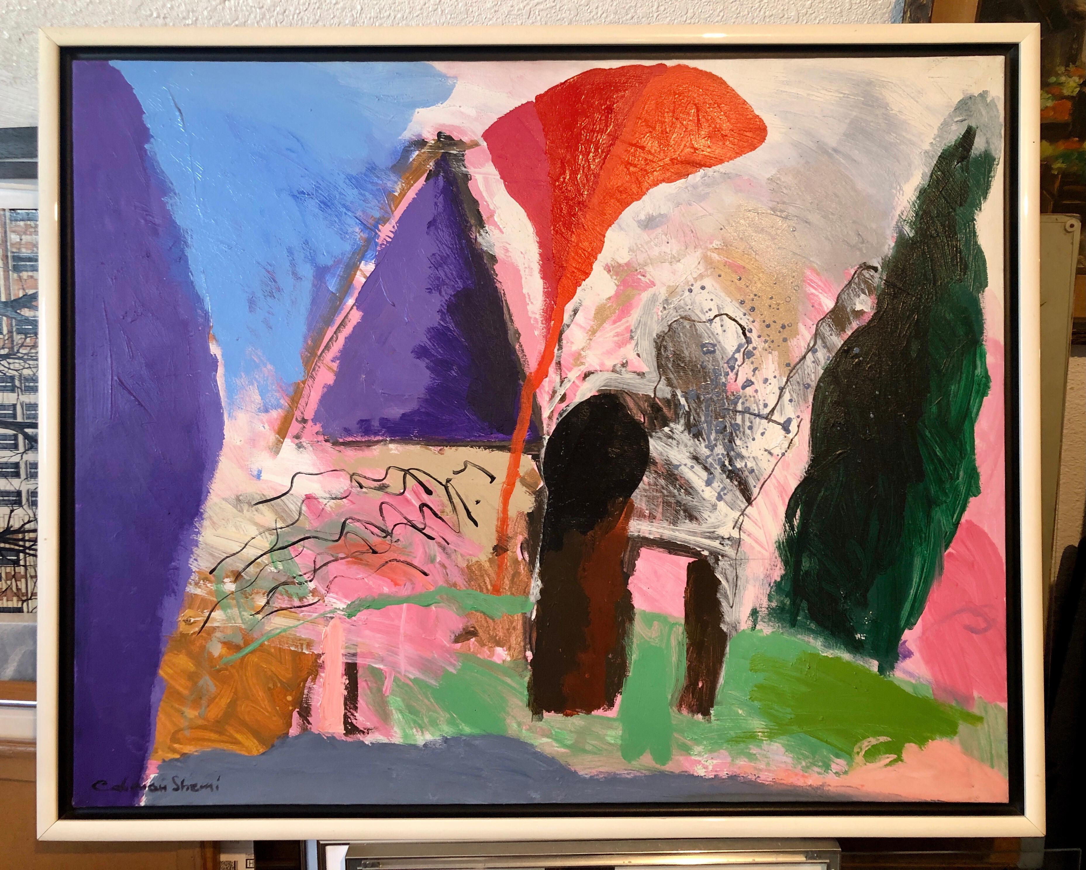 Gran pintura al óleo original abstracta y colorida Paisaje kibbutz israelí Shemi en venta 7