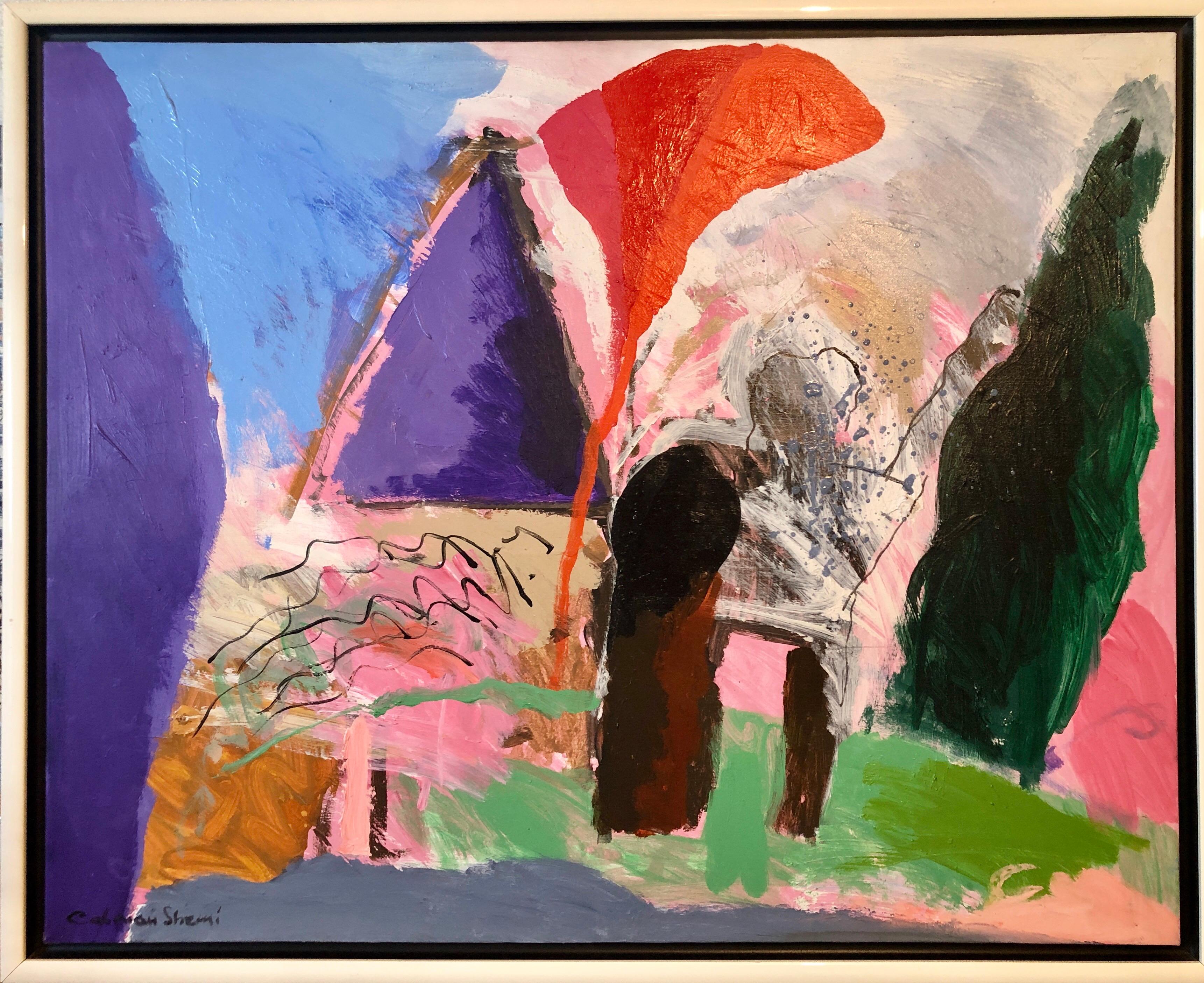 Grande peinture à l'huile abstraite et colorée originale d'un paysage israélien Kibbutz, Shemi - Painting de Calman Shemi