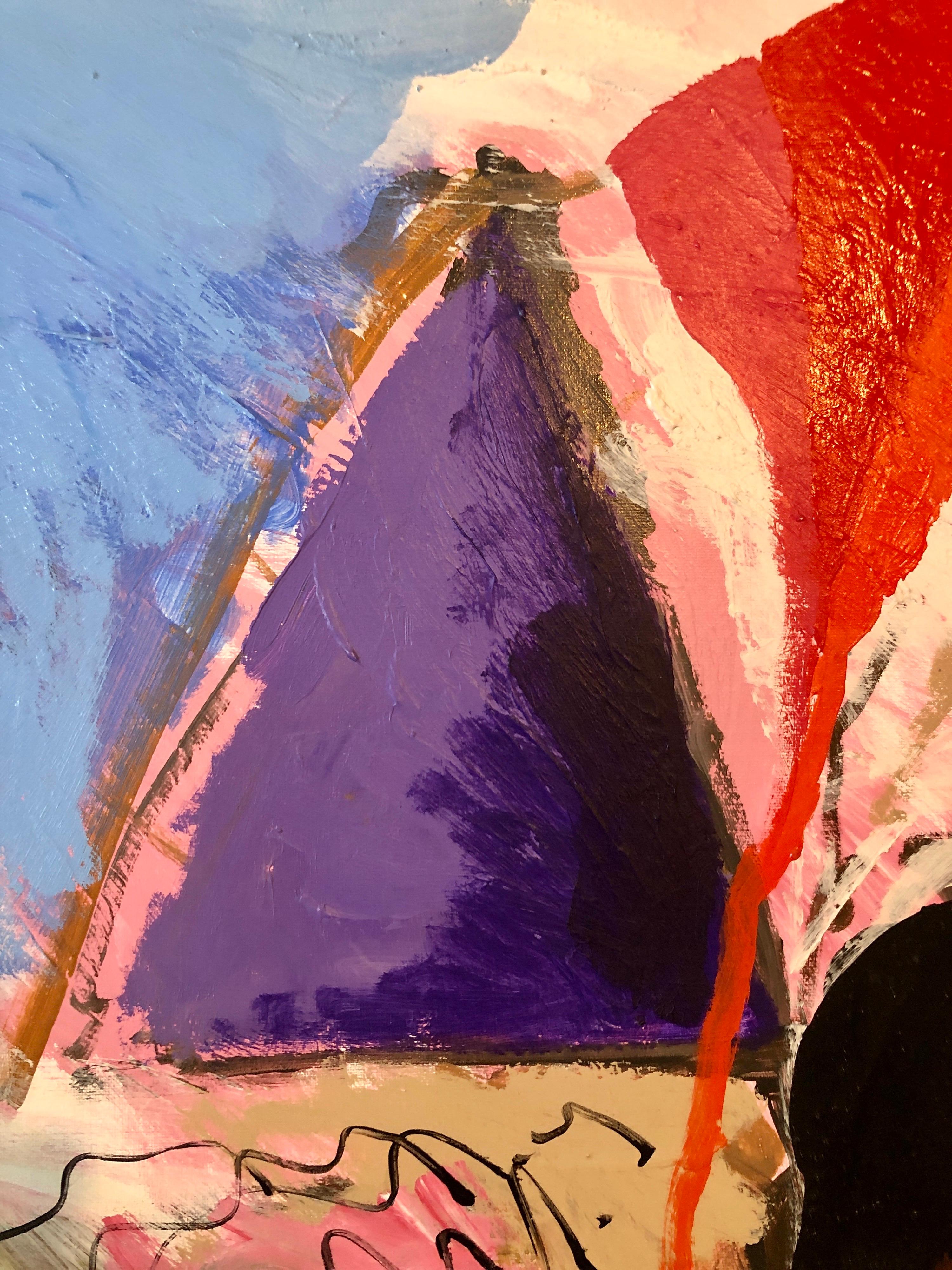 Gran pintura al óleo original abstracta y colorida Paisaje kibbutz israelí Shemi - Painting Geométrico abstracto de Calman Shemi